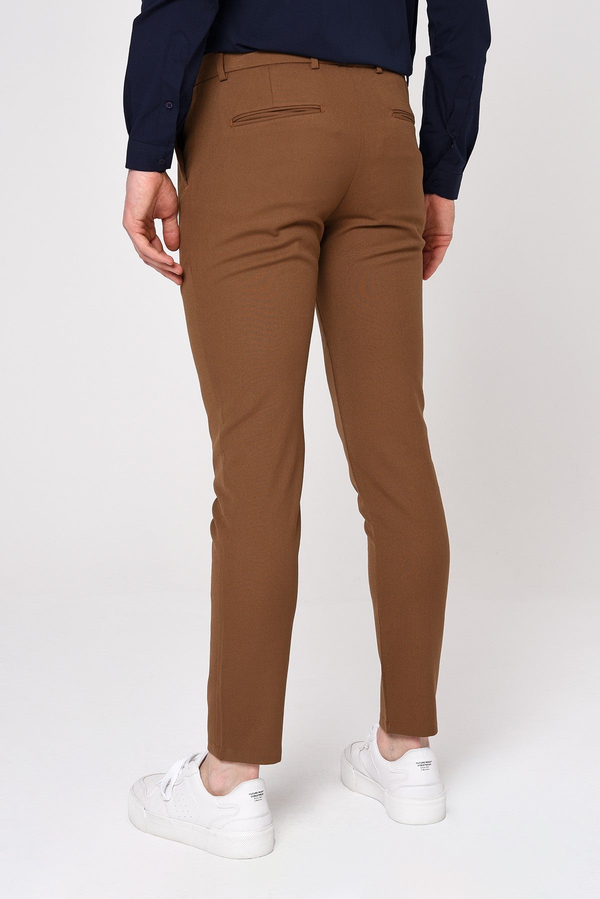 Erkek Slim Fit Düz Aksesuarlı Kumaş Pantolon