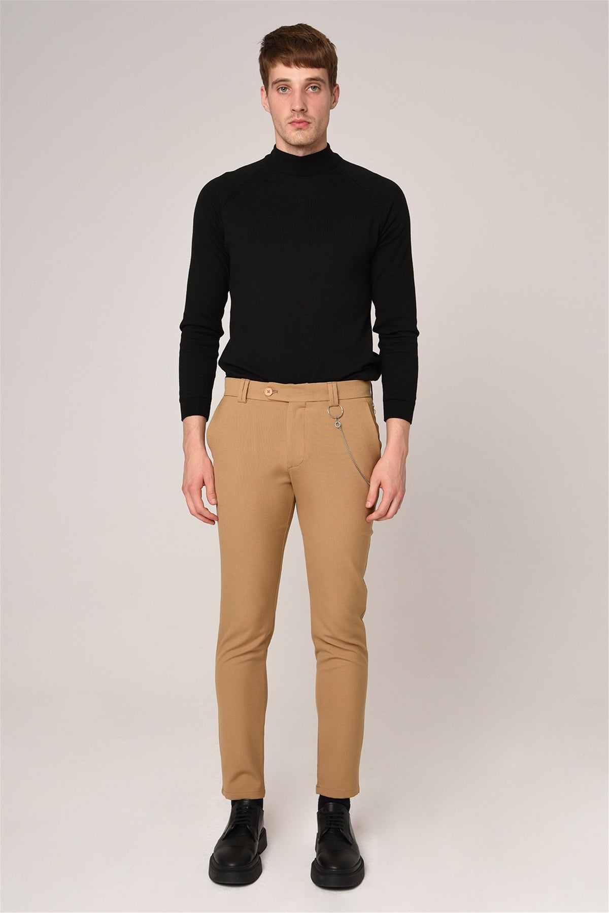 Erkek Slim Fit Düz Aksesuarlı Kumaş Pantolon