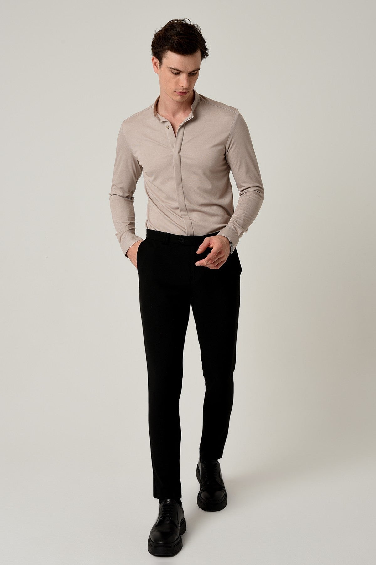 Antioch Erkek Hakim Yaka Gizli Düğme Uzun Kollu Slim Fit Gömlek