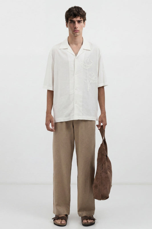 Keten Karışımlı İşlemeli Erkek Gömlek
