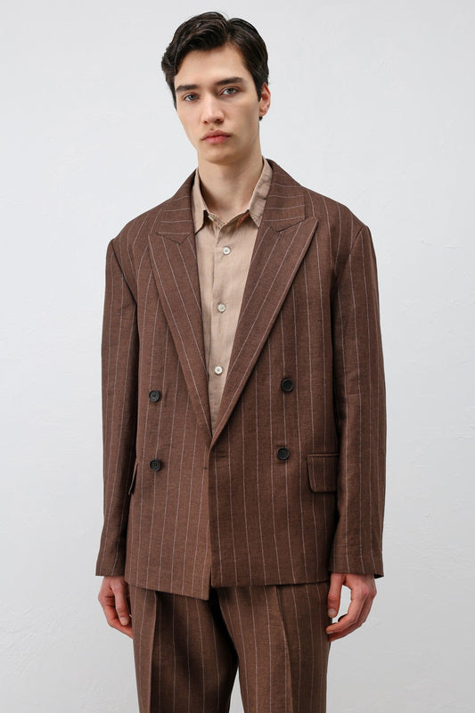 Antioch Keten Karışımlı Çizgili Erkek Blazer Ceket