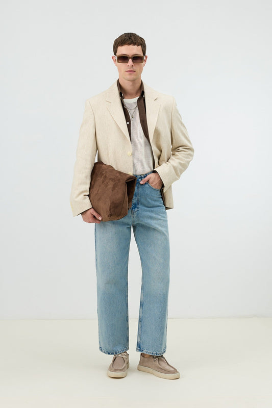 Antioch Keten Karışımlı Balıksırtı Desenli Erkek Blazer Ceket