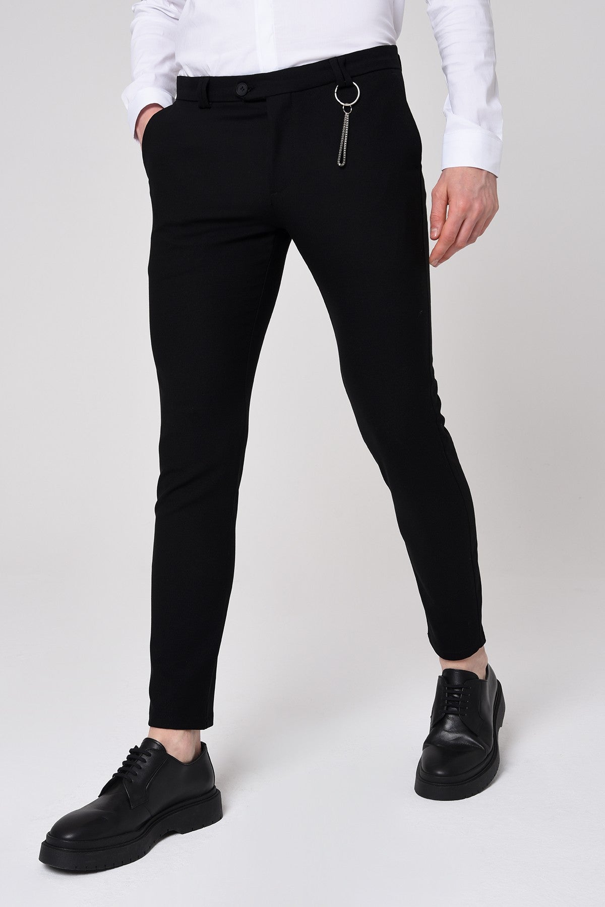 Erkek Slim Fit Düz Aksesuarlı Kumaş Pantolon