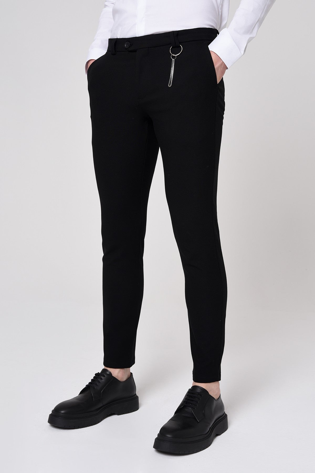 Erkek Slim Fit Düz Aksesuarlı Kumaş Pantolon