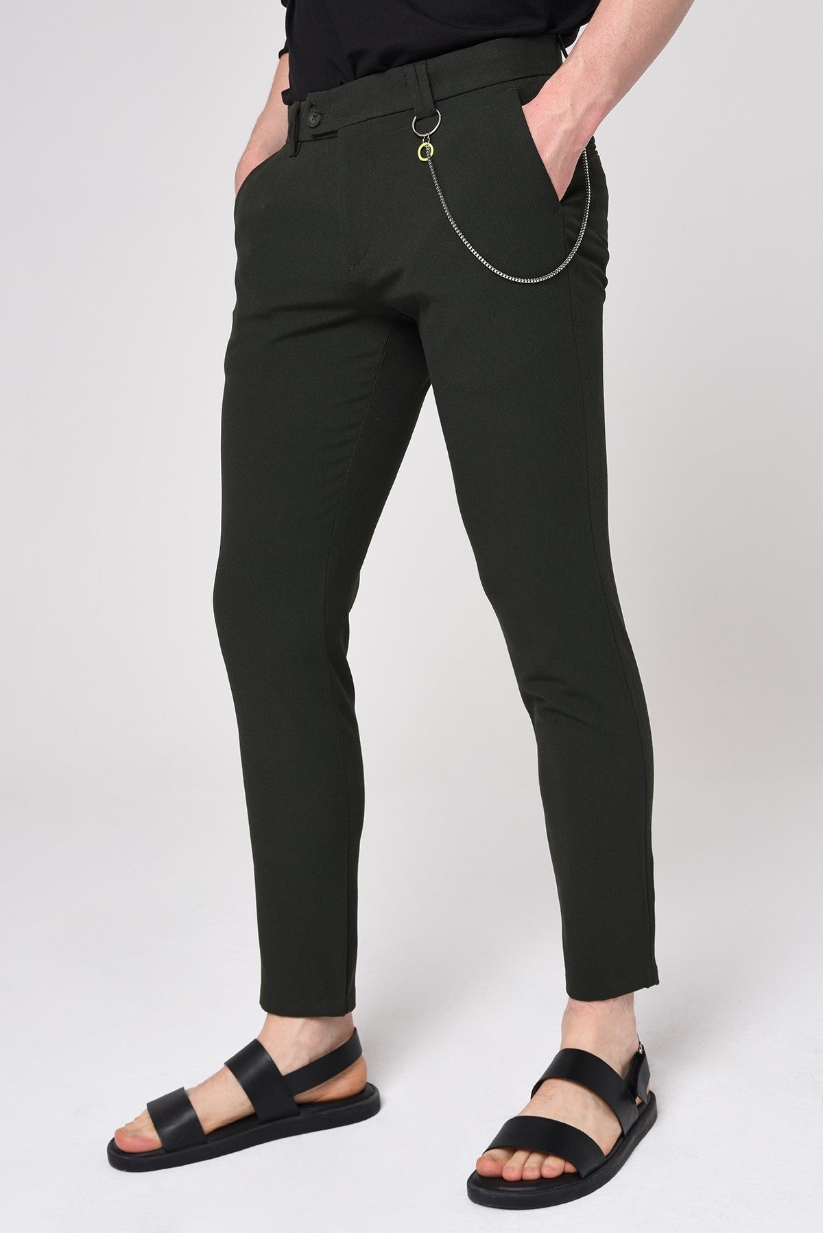 Erkek Slim Fit Düz Aksesuarlı Kumaş Pantolon