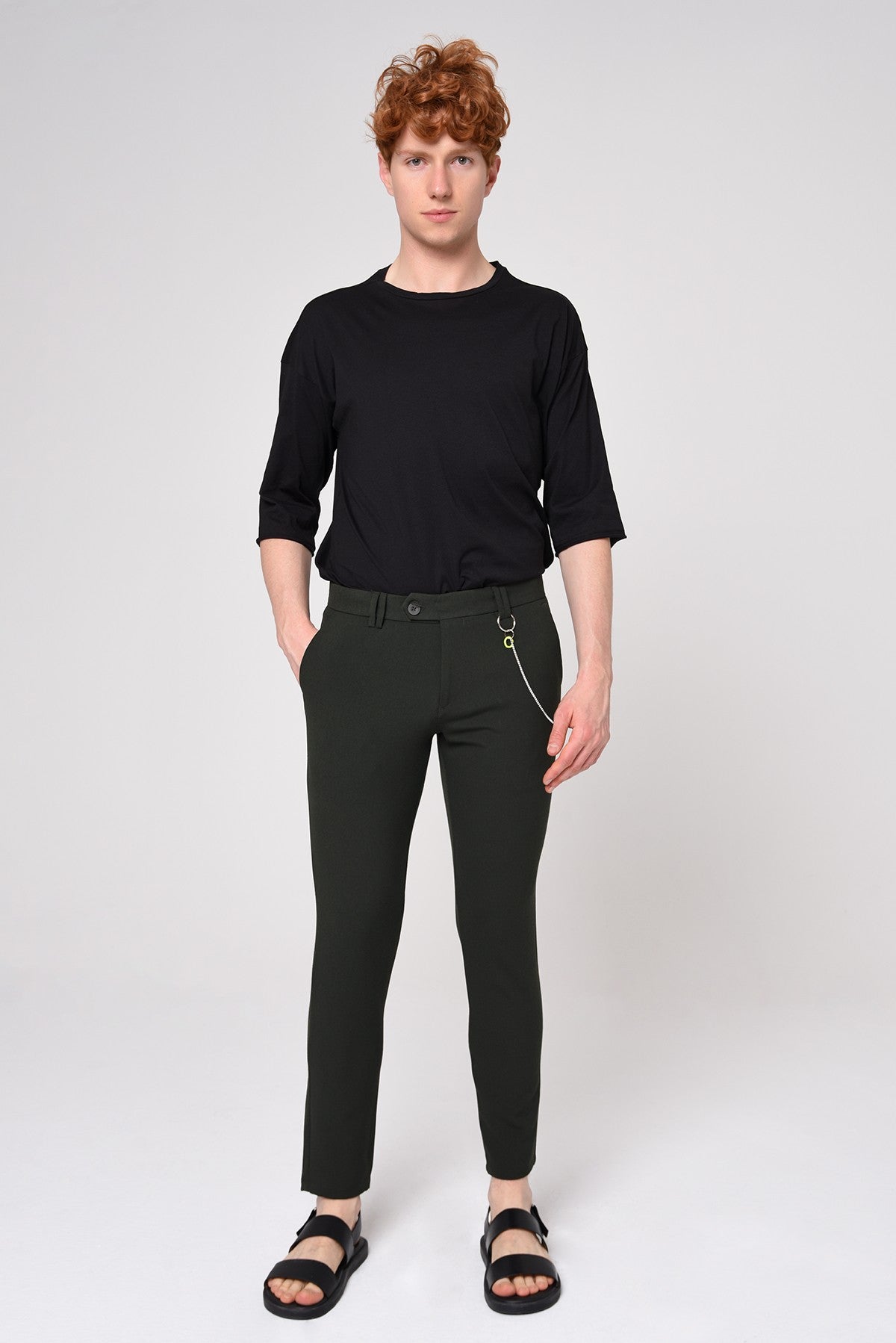 Erkek Slim Fit Düz Aksesuarlı Kumaş Pantolon