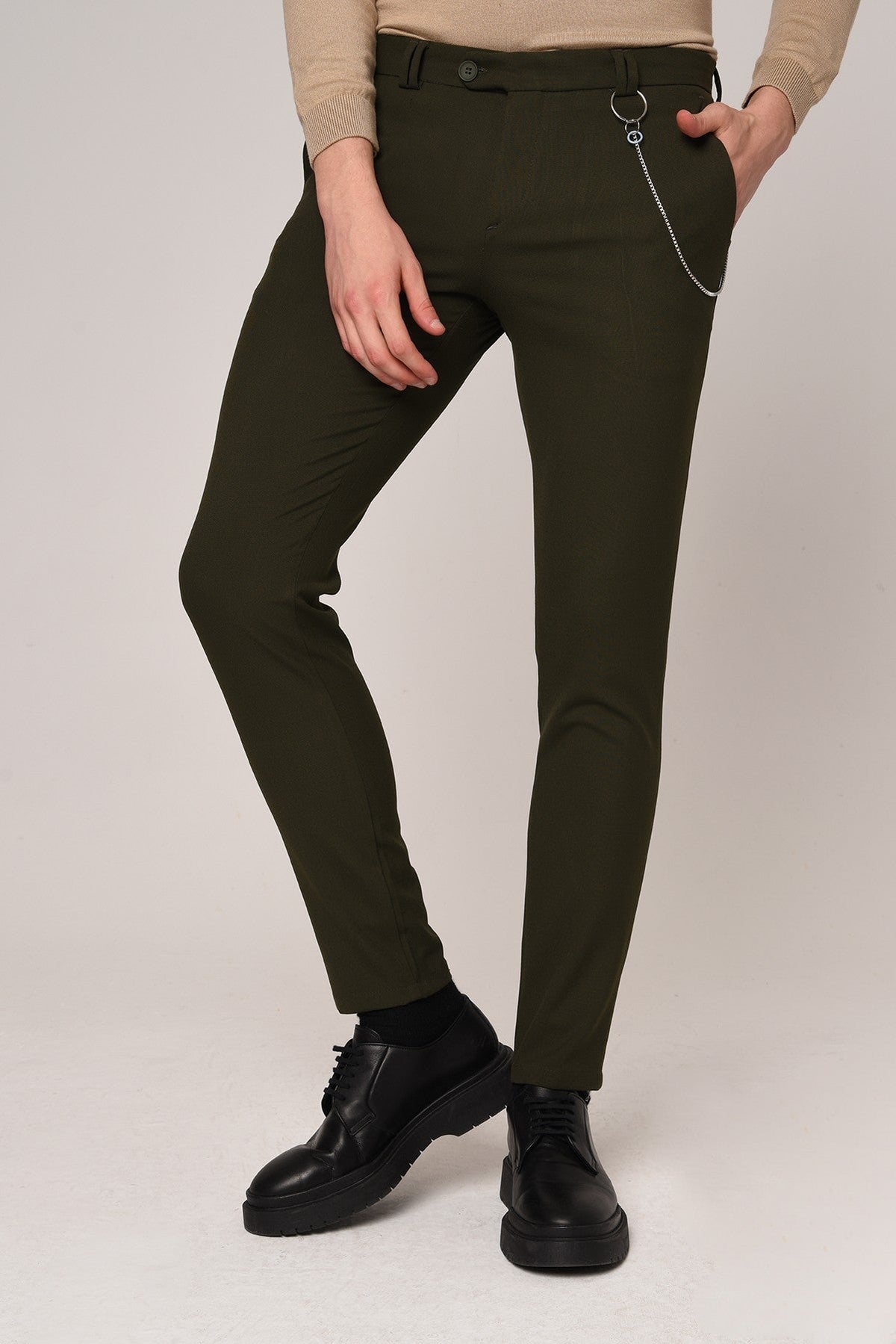 Erkek Slim Fit Düz Aksesuarlı Kumaş Pantolon