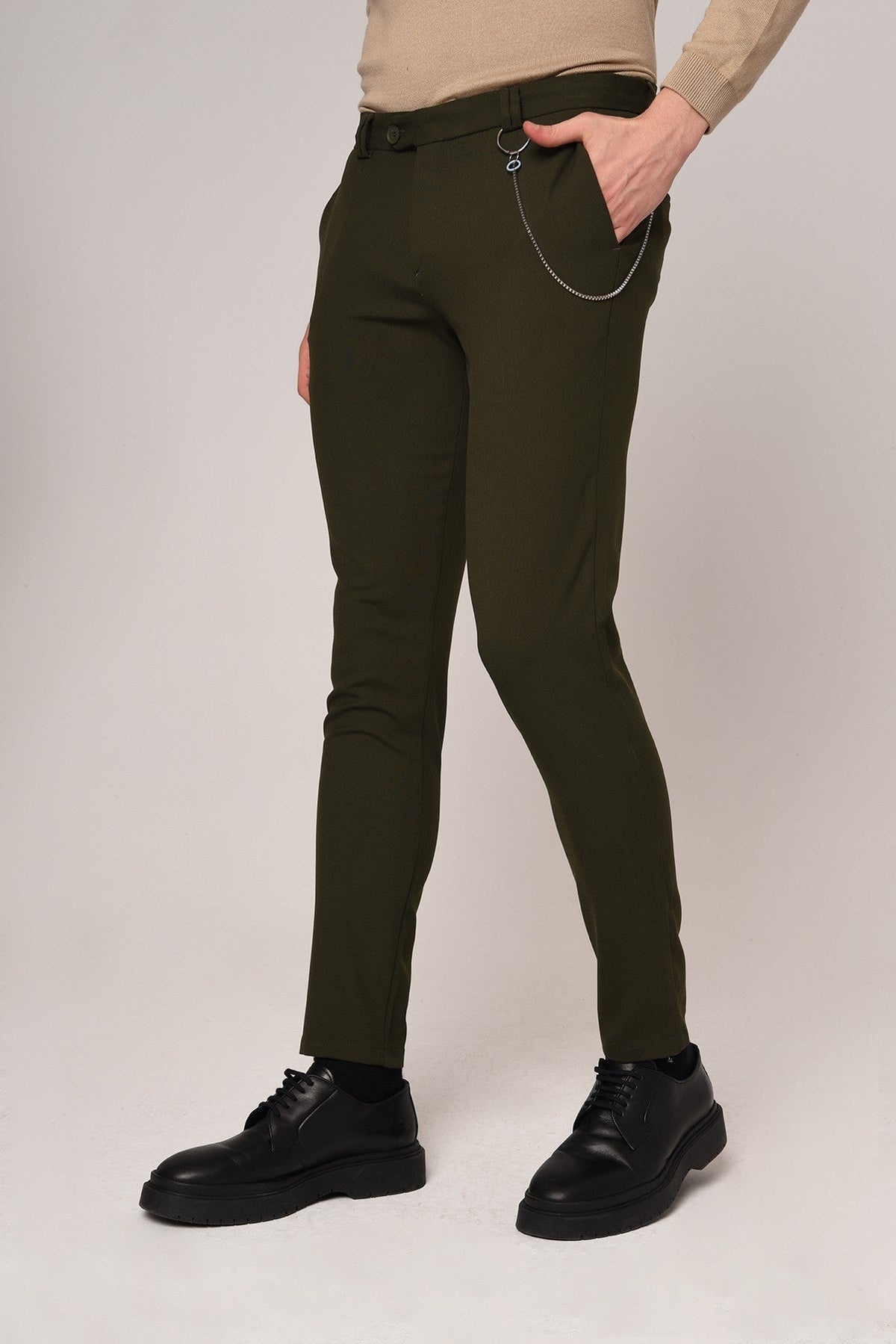 Erkek Slim Fit Düz Aksesuarlı Kumaş Pantolon