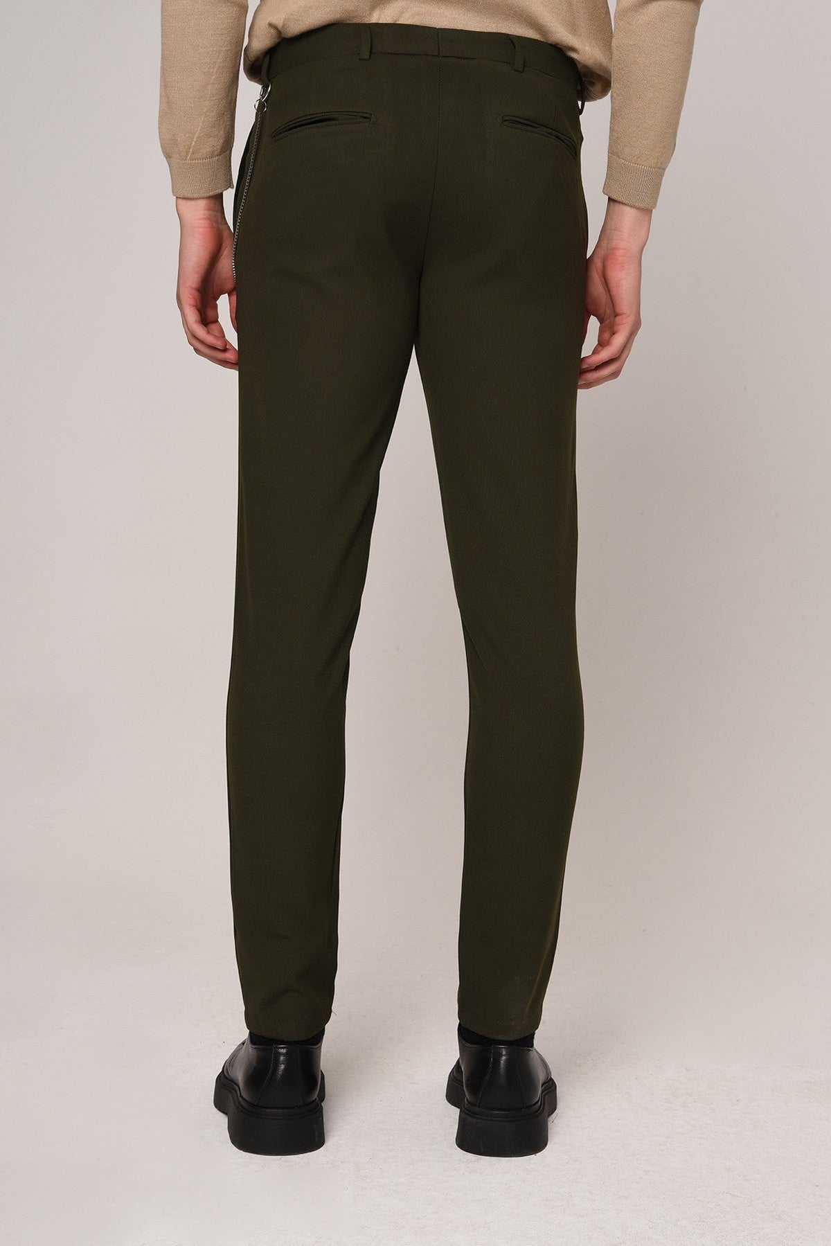 Erkek Slim Fit Düz Aksesuarlı Kumaş Pantolon