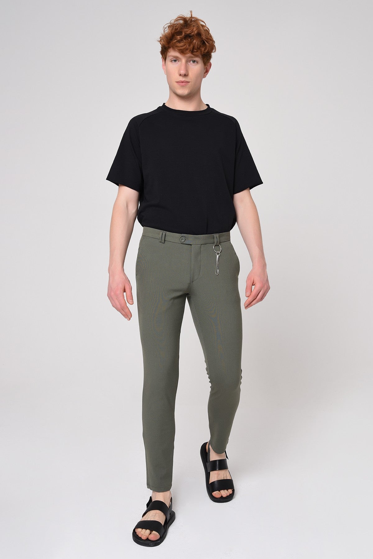 Erkek Slim Fit Düz Aksesuarlı Kumaş Pantolon