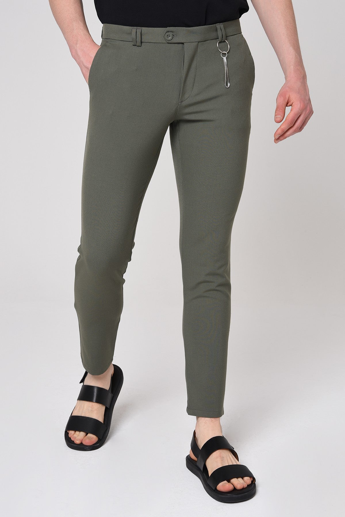 Erkek Slim Fit Düz Aksesuarlı Kumaş Pantolon