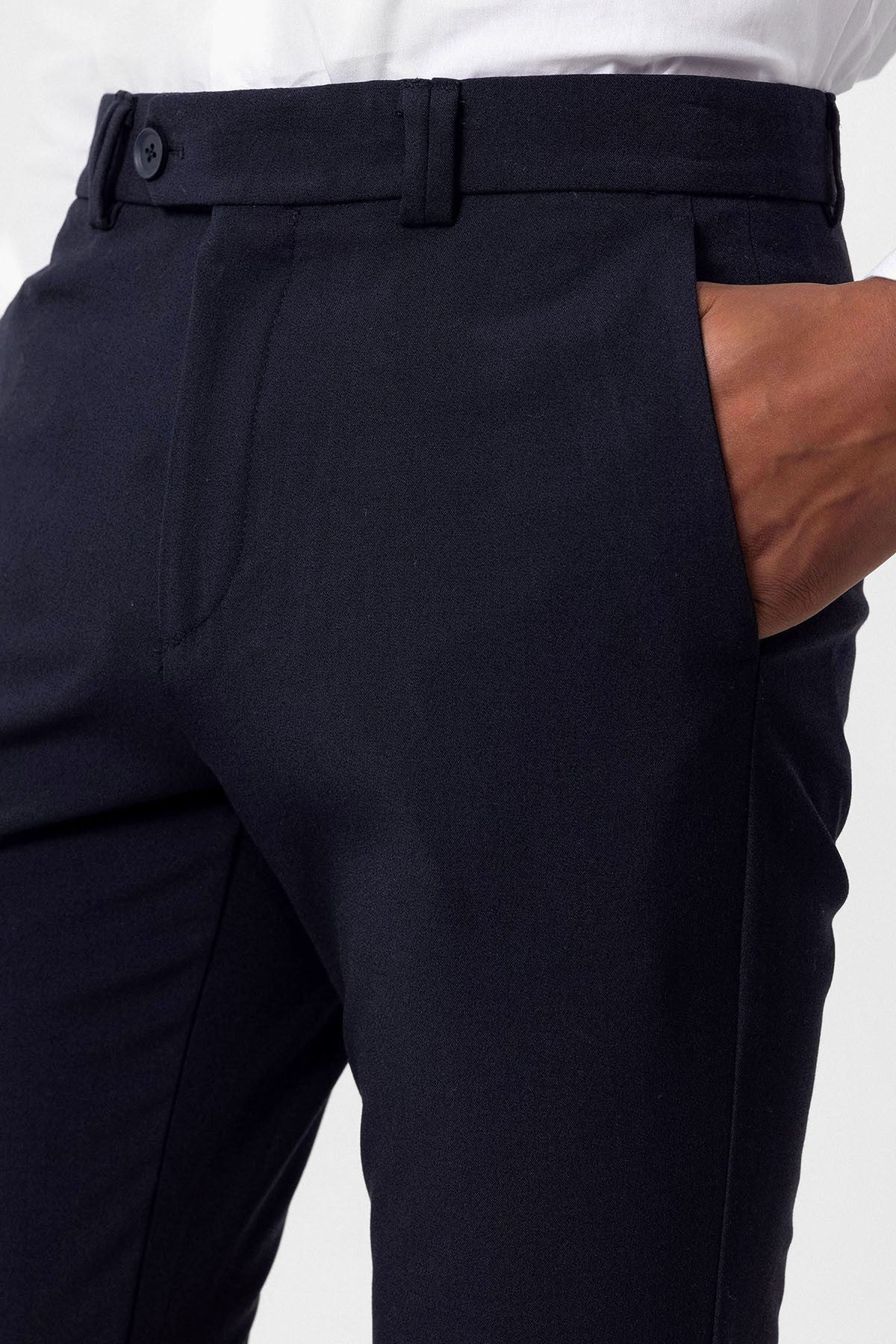 Erkek Slim Fit Düz Aksesuarlı Kumaş Pantolon