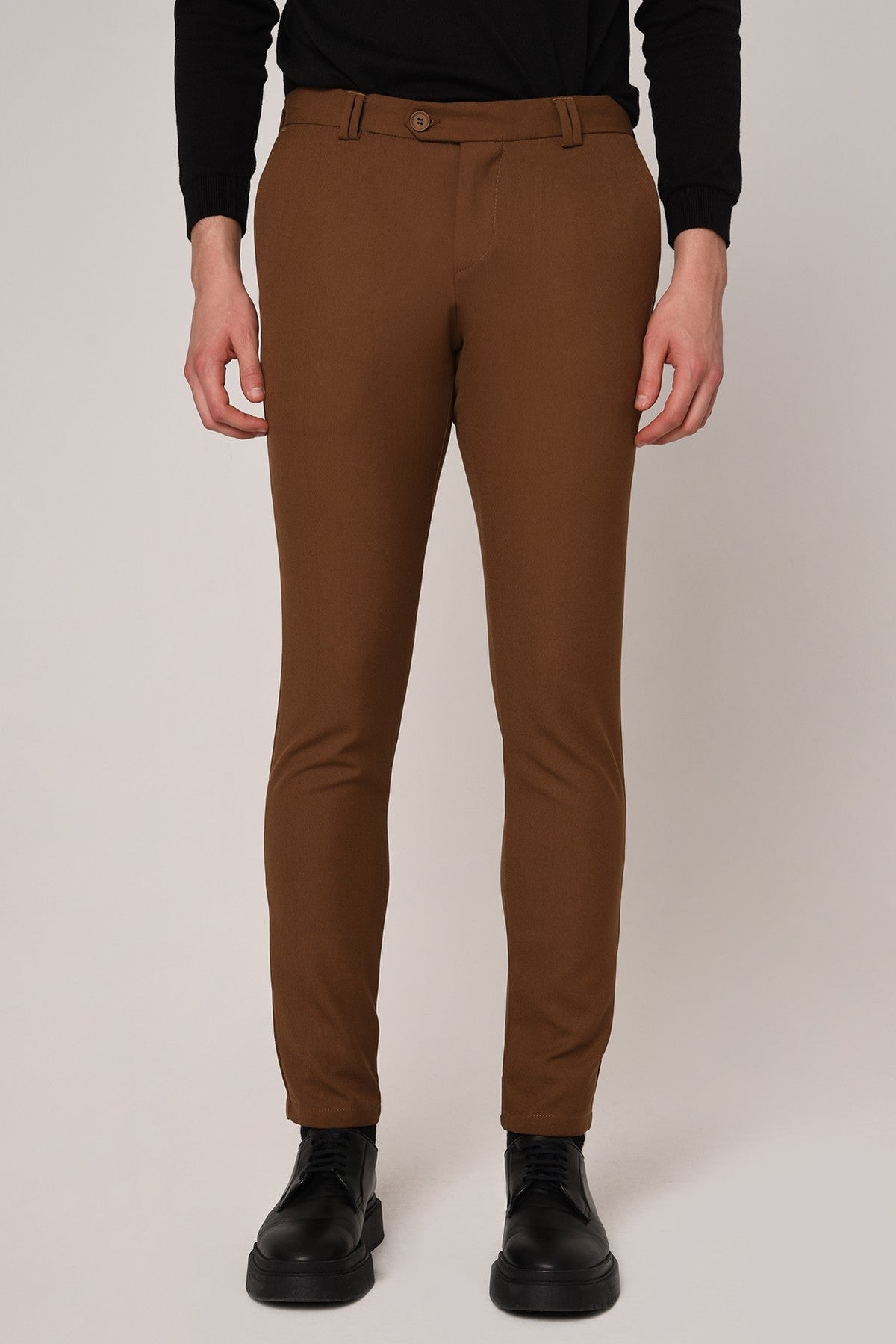 Erkek Slim Fit Düz Aksesuarlı Kumaş Pantolon