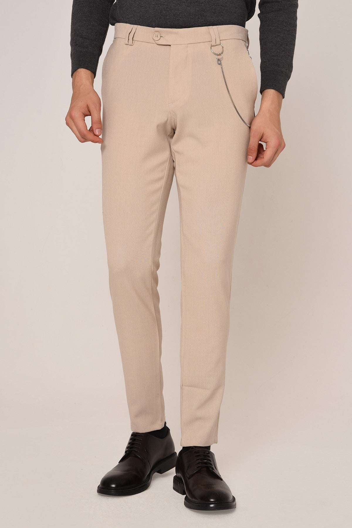 Erkek Slim Fit Düz Aksesuarlı Kumaş Pantolon