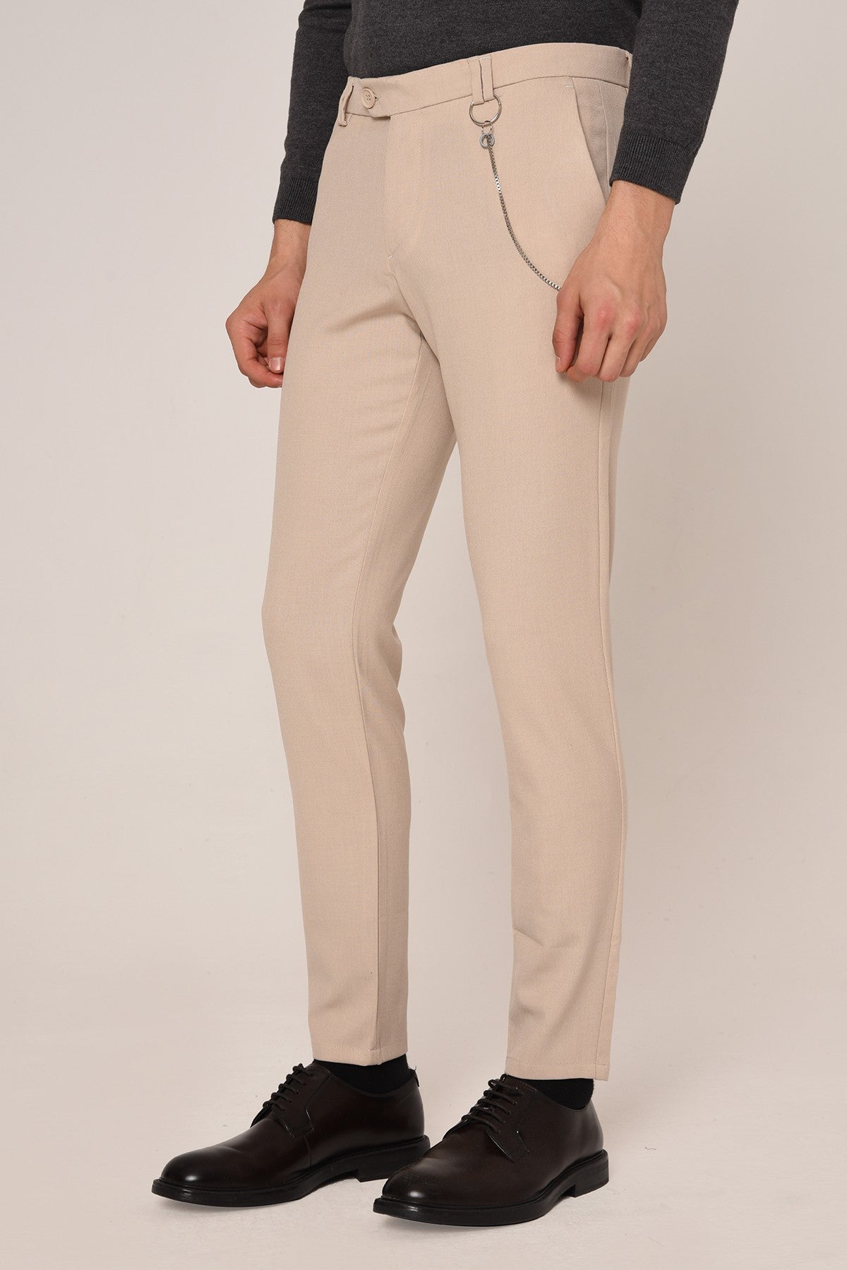 Erkek Slim Fit Düz Aksesuarlı Kumaş Pantolon