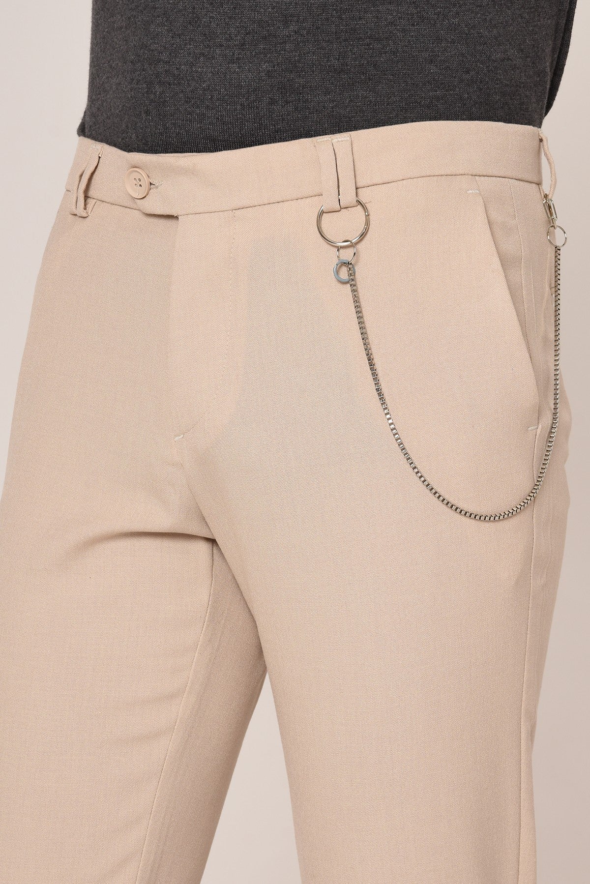 Erkek Slim Fit Düz Aksesuarlı Kumaş Pantolon