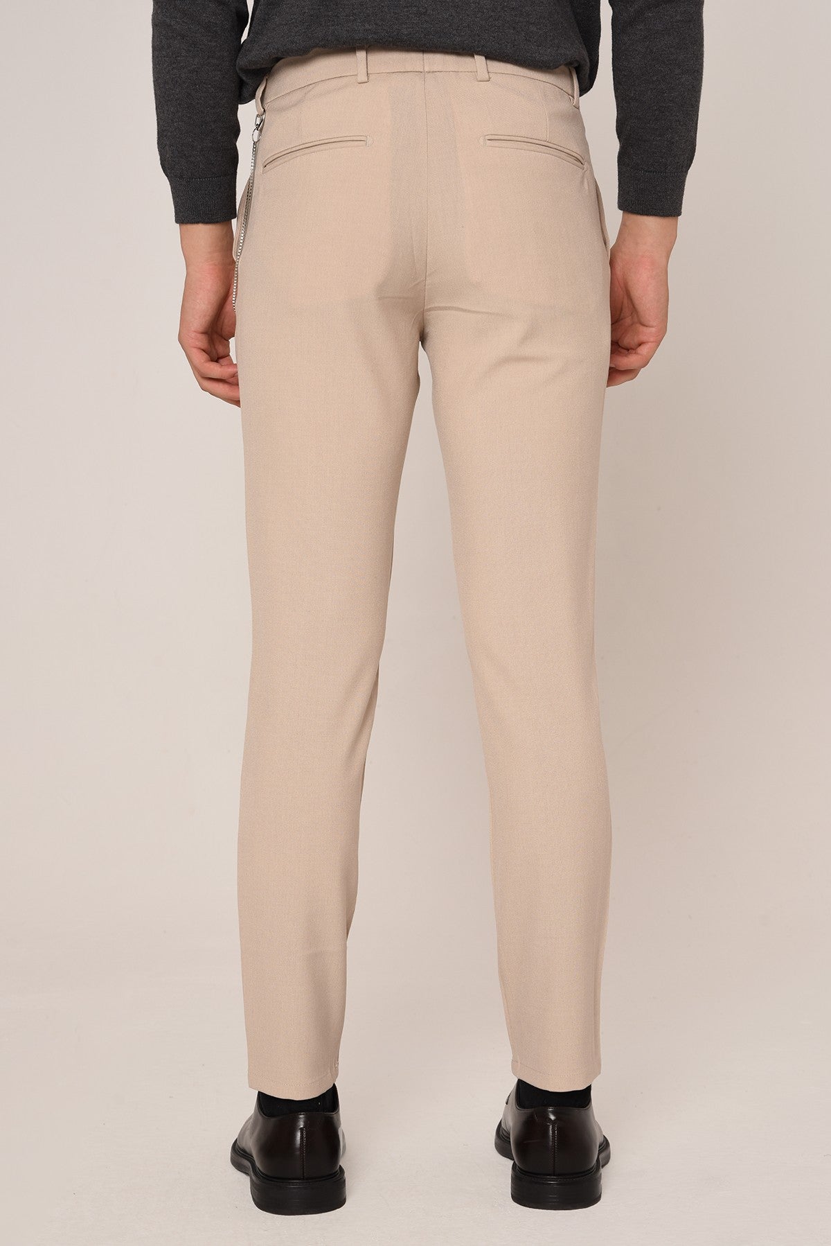 Erkek Slim Fit Düz Aksesuarlı Kumaş Pantolon