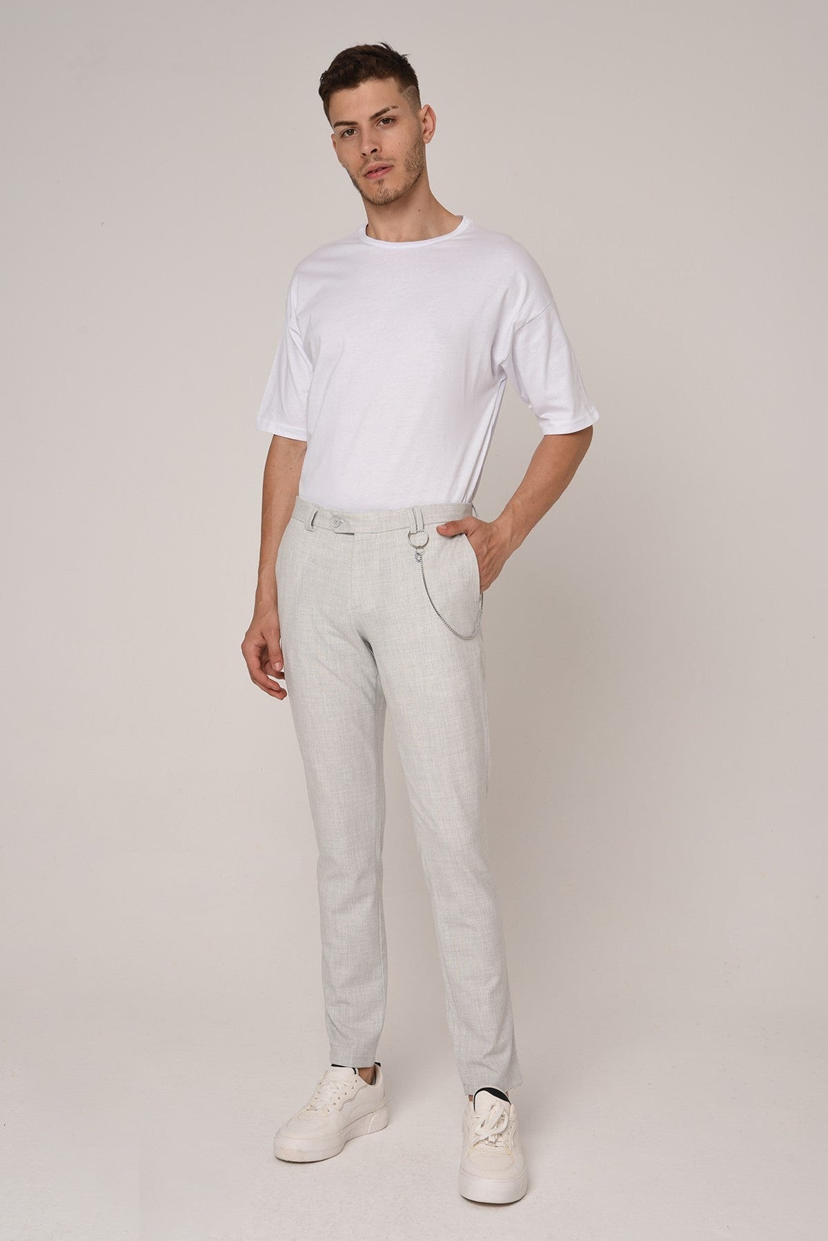Erkek Slim Fit Düz Aksesuarlı Kumaş Pantolon