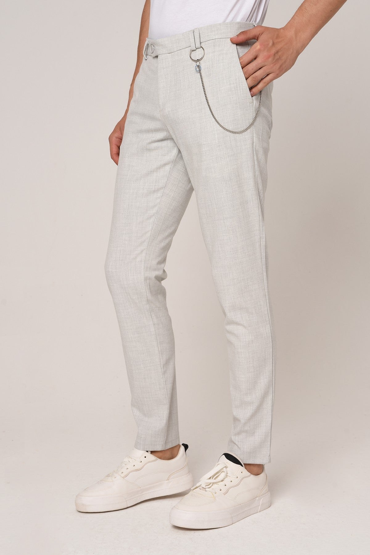 Erkek Slim Fit Düz Aksesuarlı Kumaş Pantolon