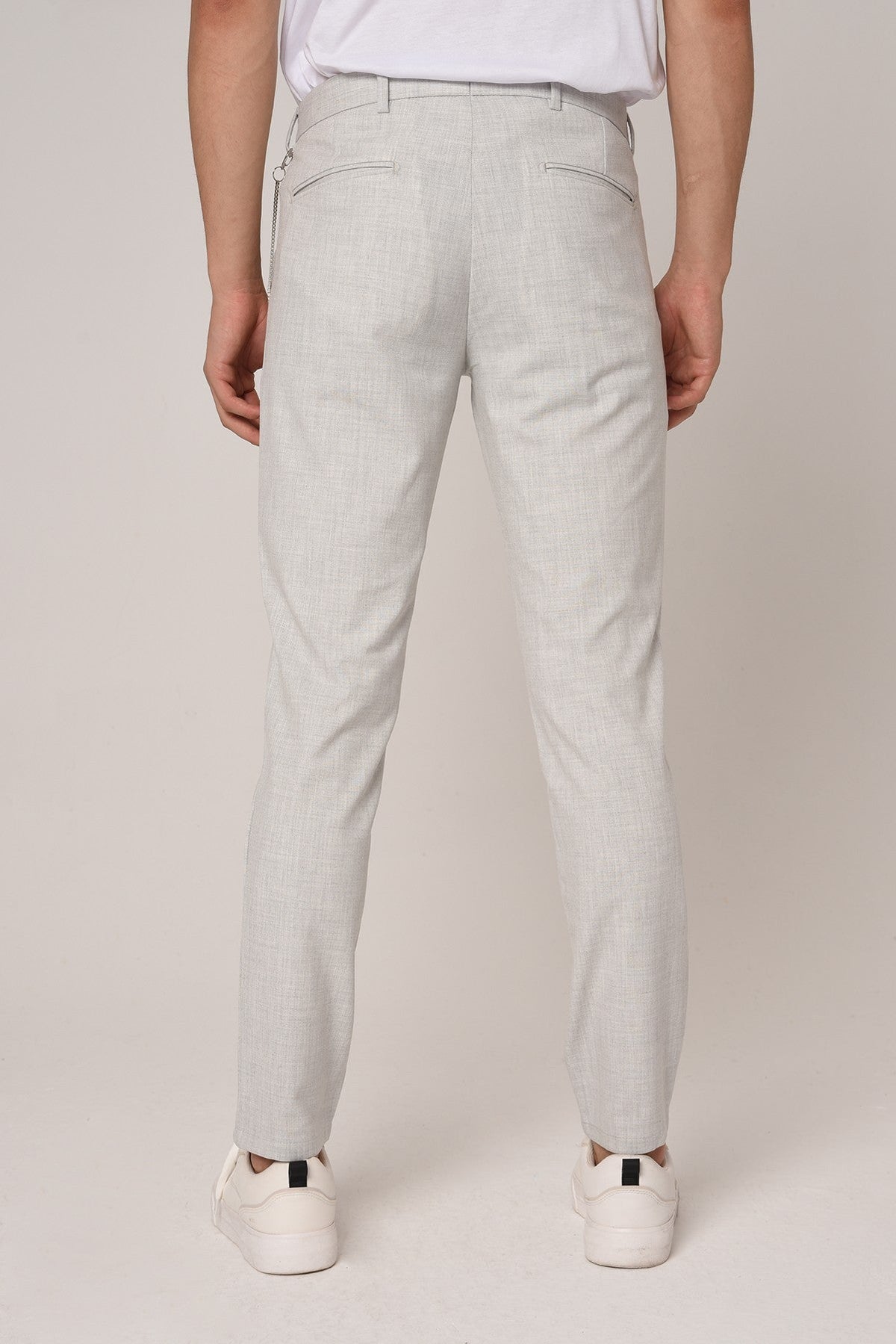 Erkek Slim Fit Düz Aksesuarlı Kumaş Pantolon