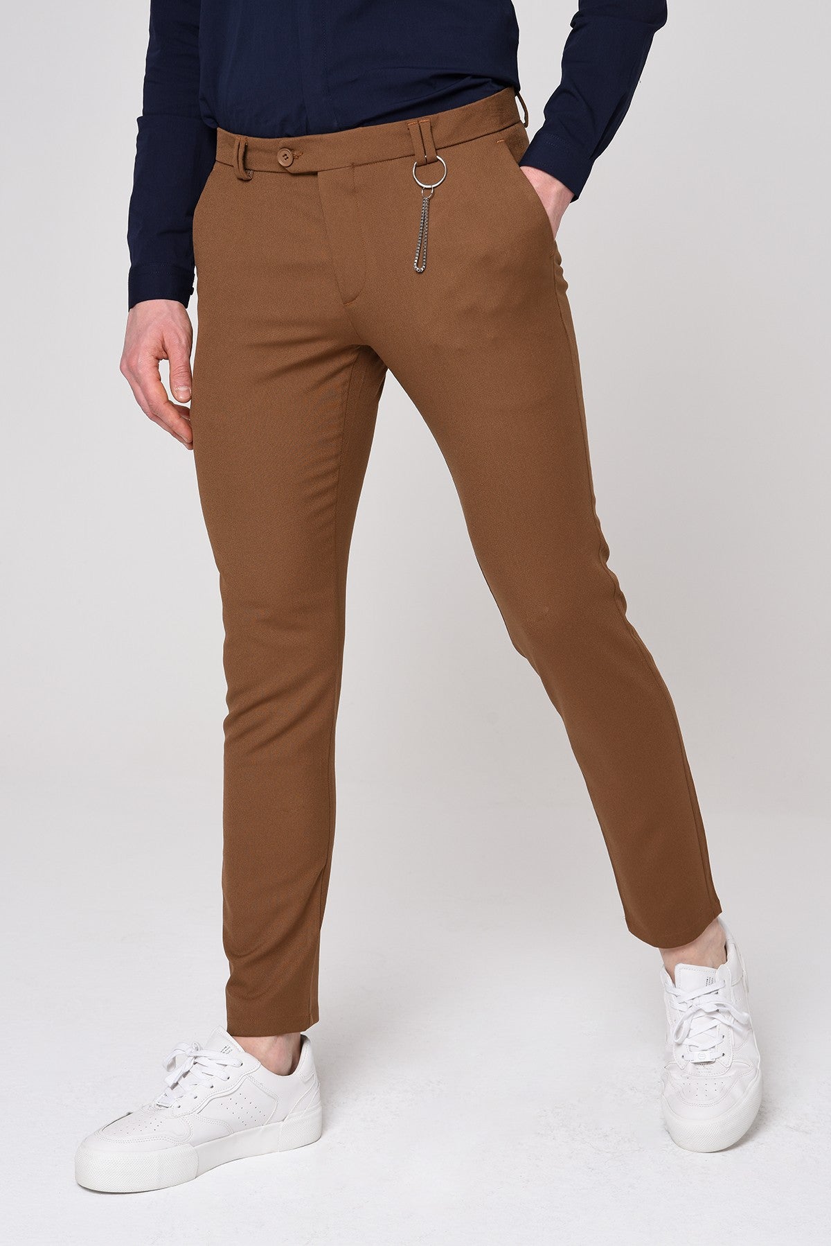 Erkek Slim Fit Düz Aksesuarlı Kumaş Pantolon