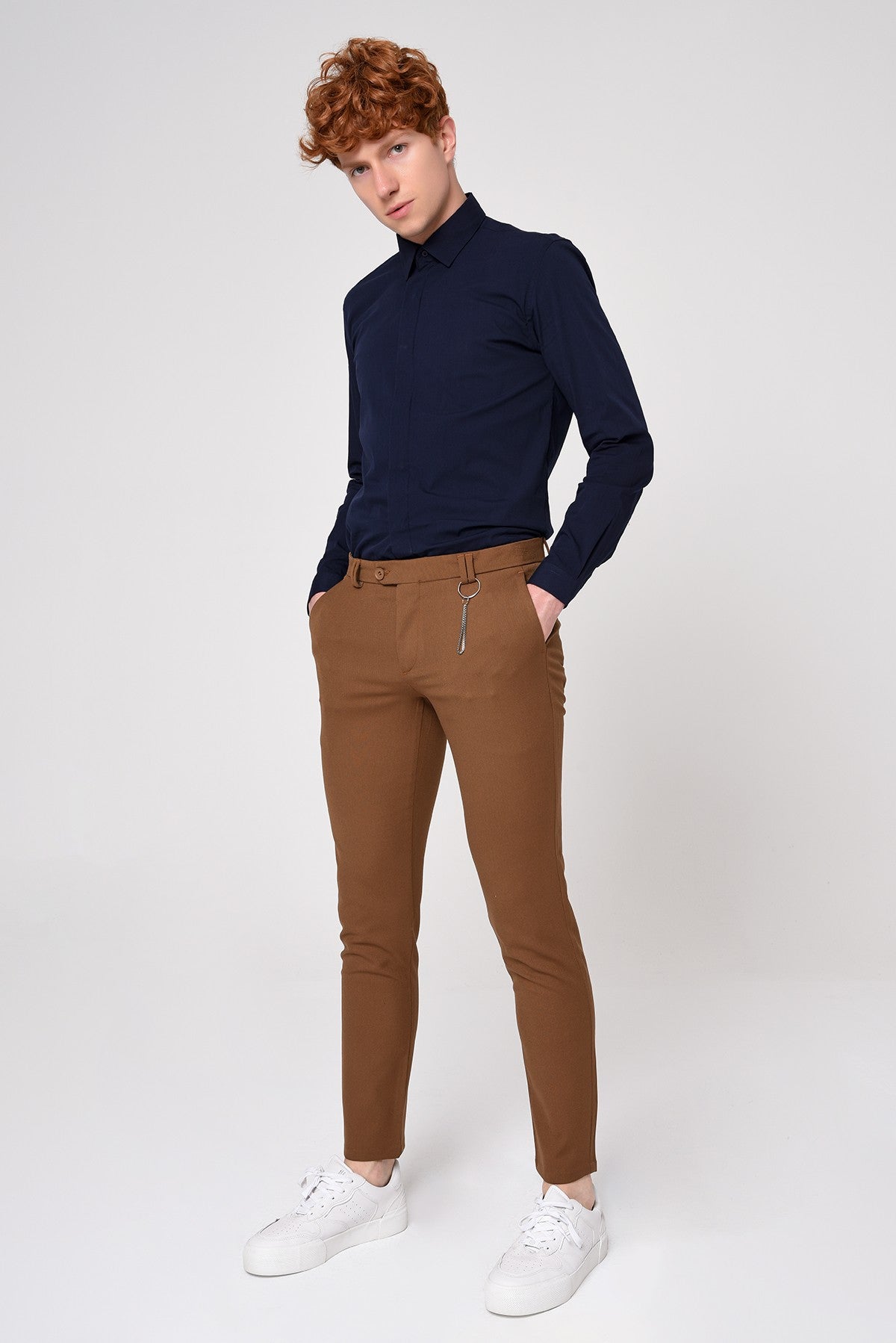 Erkek Slim Fit Düz Aksesuarlı Kumaş Pantolon