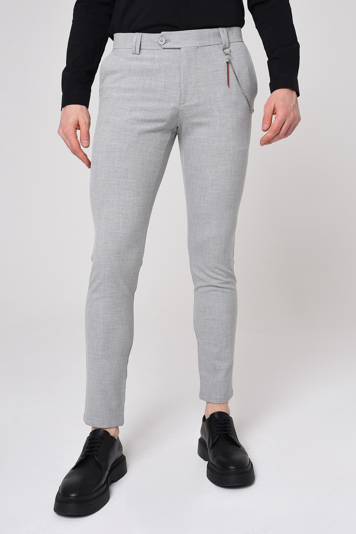Erkek Slim Fit Düz Aksesuarlı Kumaş Pantolon