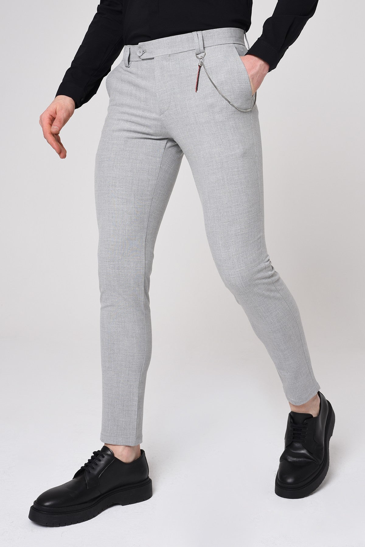 Erkek Slim Fit Düz Aksesuarlı Kumaş Pantolon