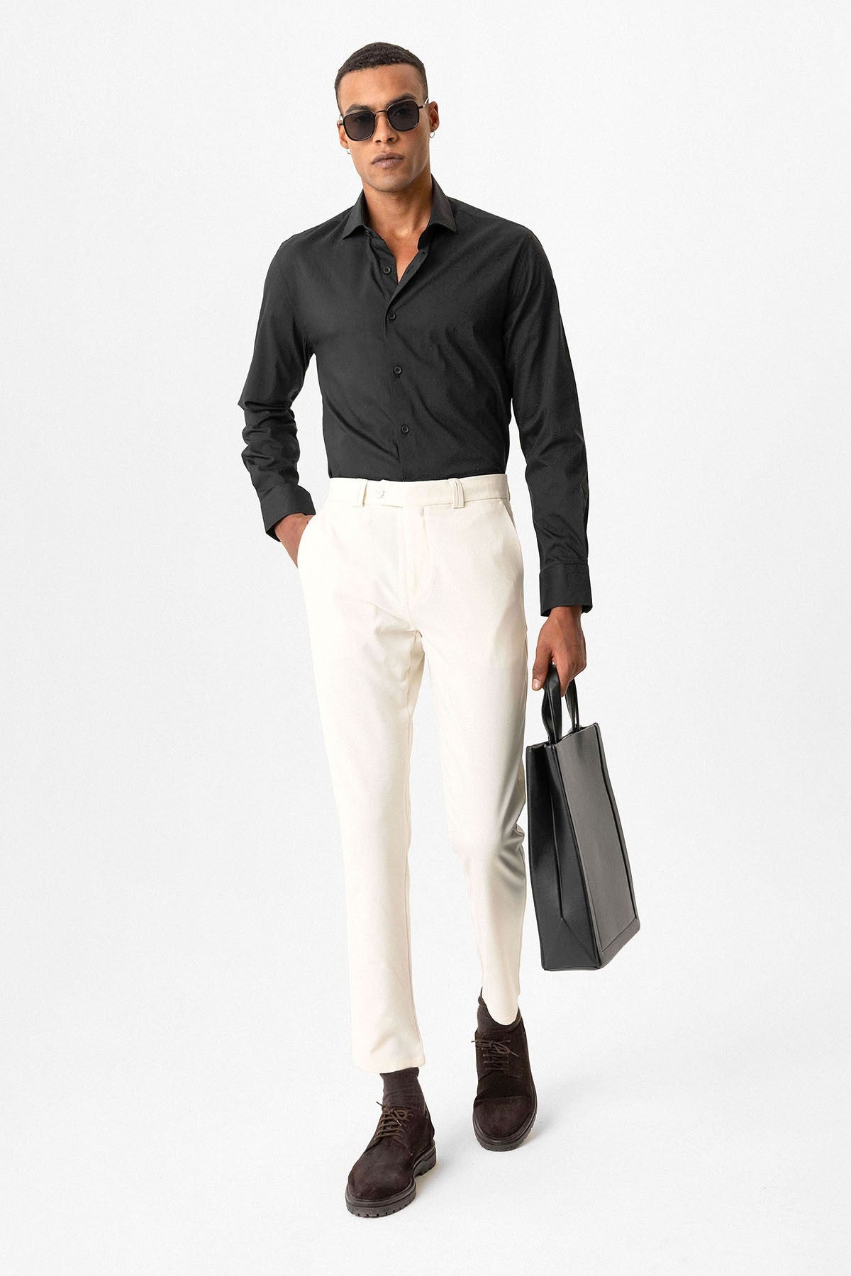 Erkek Slim Fit Düz Aksesuarlı Kumaş Pantolon