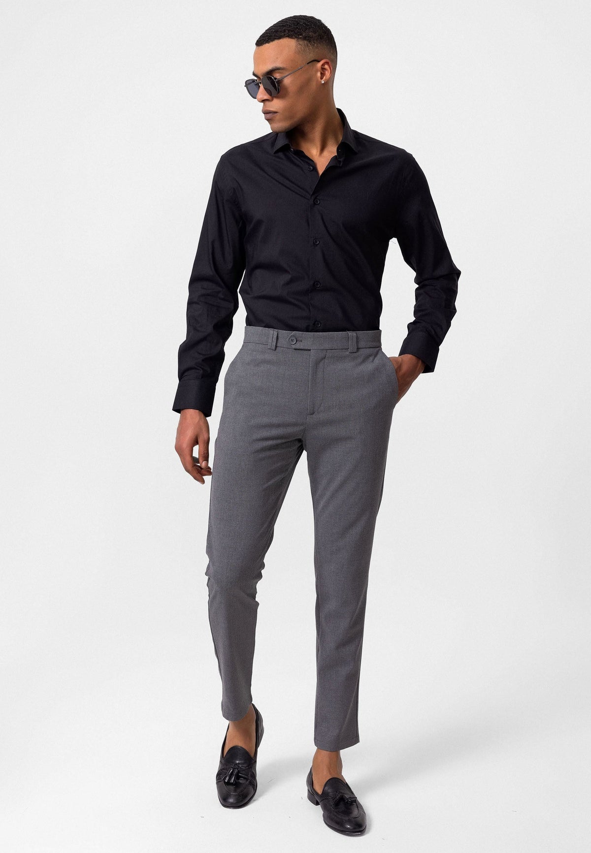 Erkek Slim Fit Düz Aksesuarlı Kumaş Pantolon