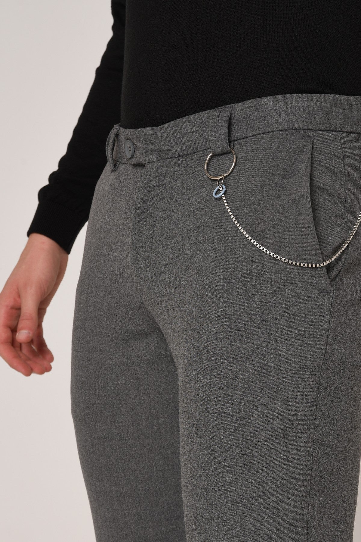 Erkek Slim Fit Düz Aksesuarlı Kumaş Pantolon