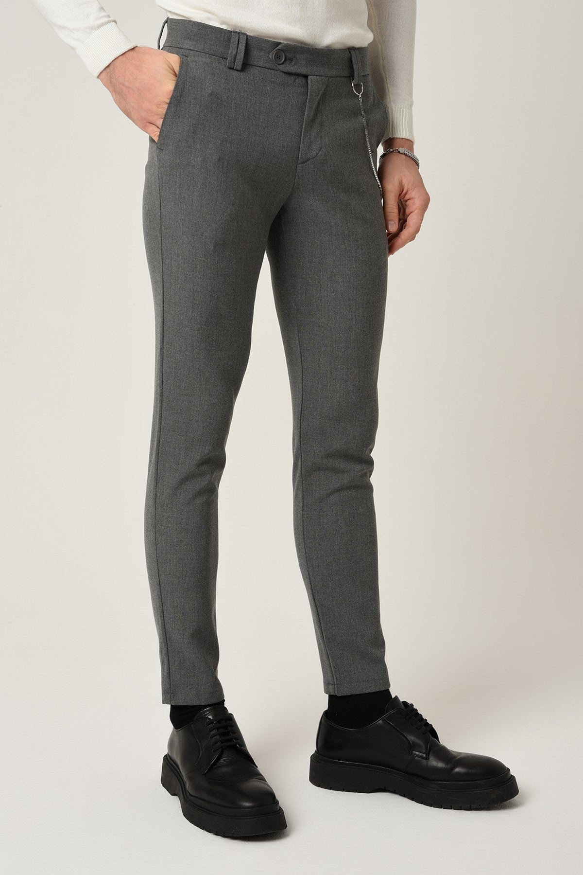 Erkek Slim Fit Düz Aksesuarlı Kumaş Pantolon