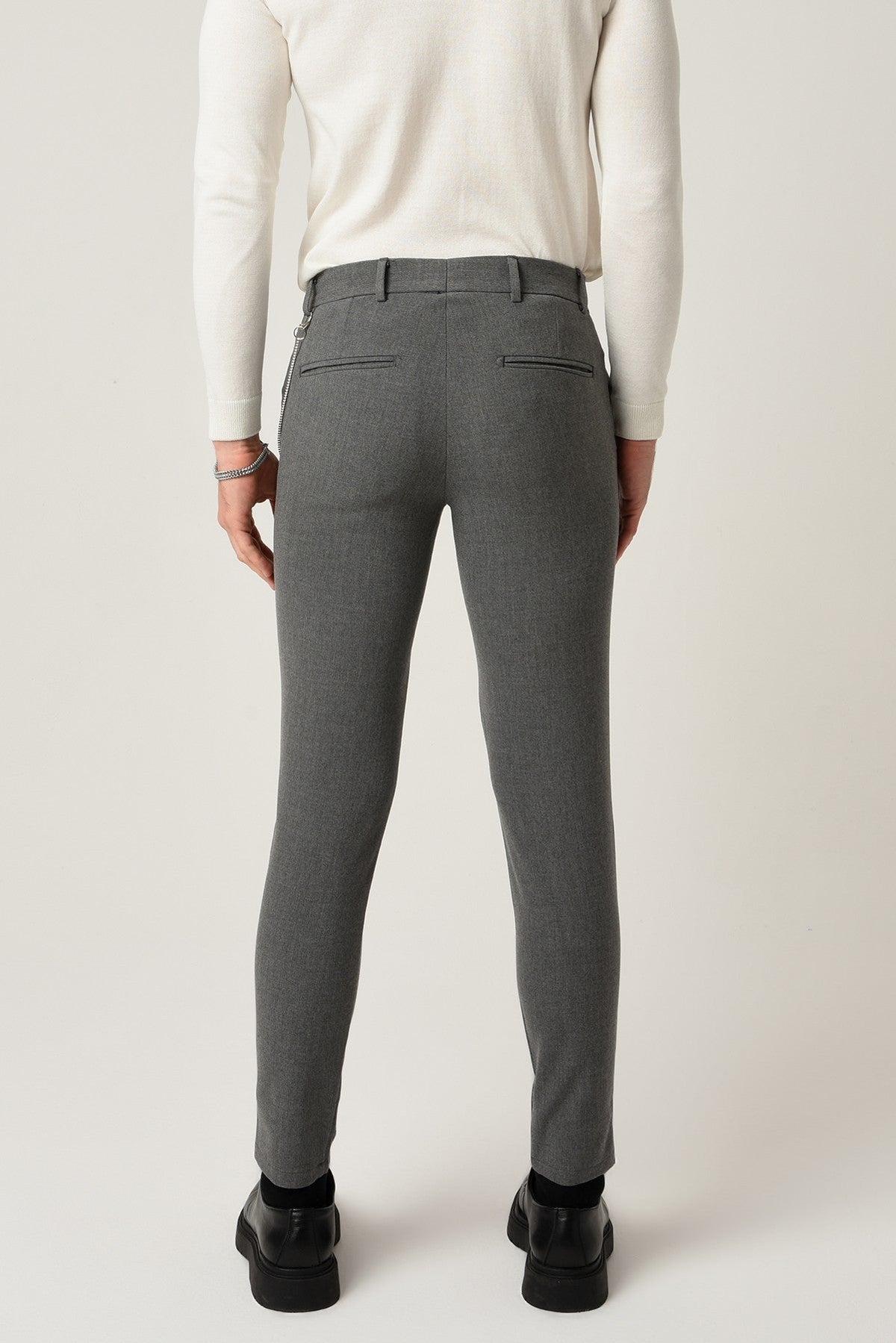 Erkek Slim Fit Düz Aksesuarlı Kumaş Pantolon