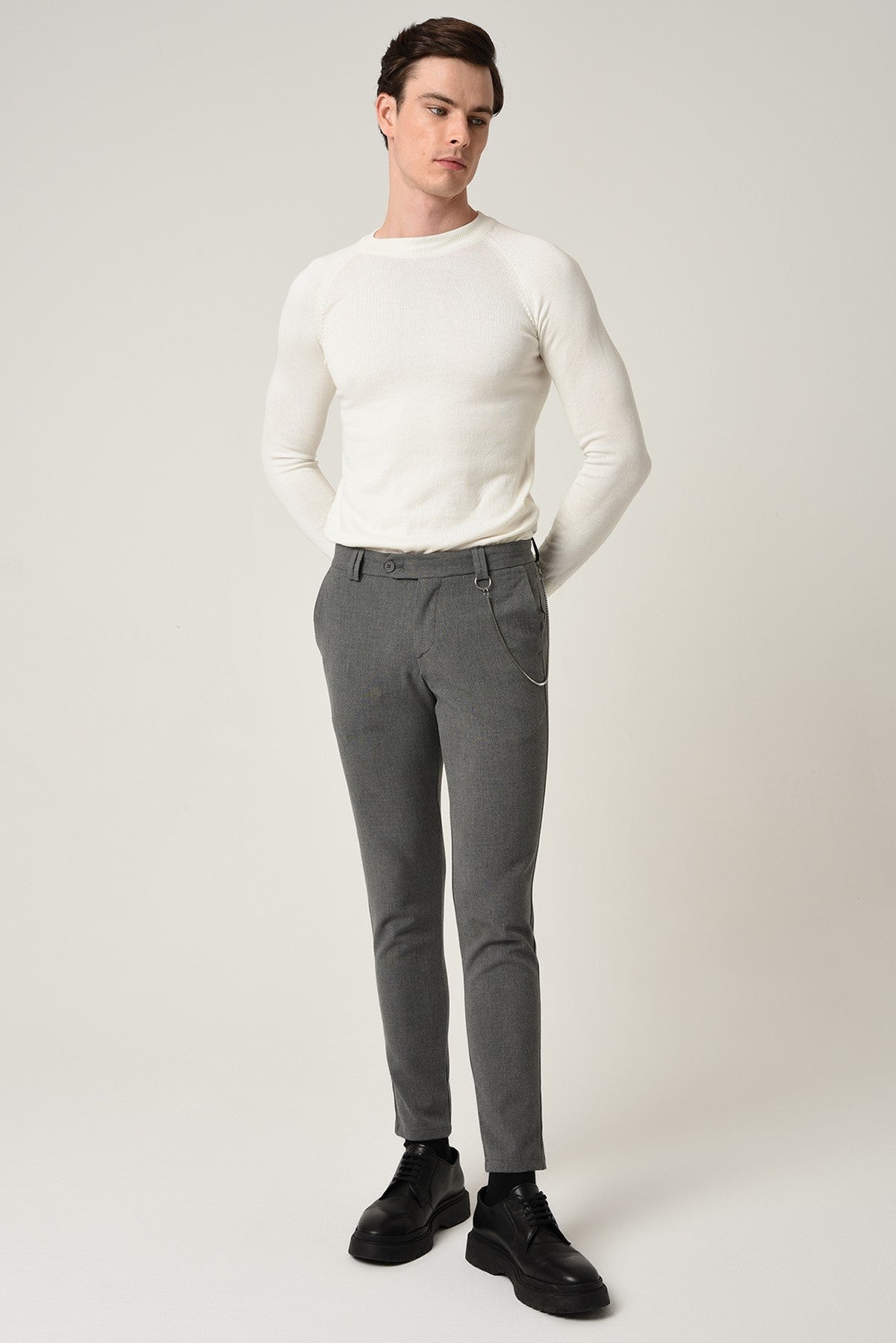 Erkek Slim Fit Düz Aksesuarlı Kumaş Pantolon