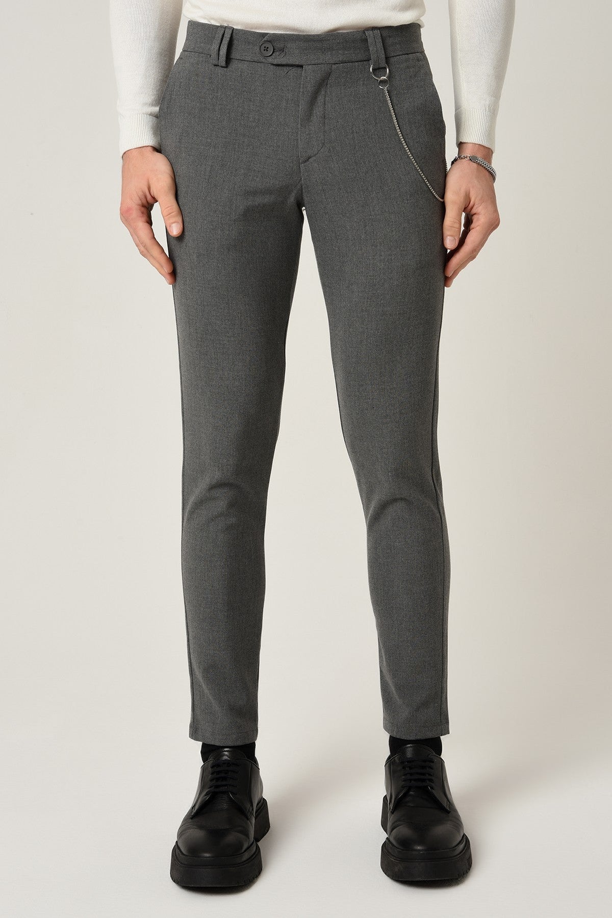 Erkek Slim Fit Düz Aksesuarlı Kumaş Pantolon