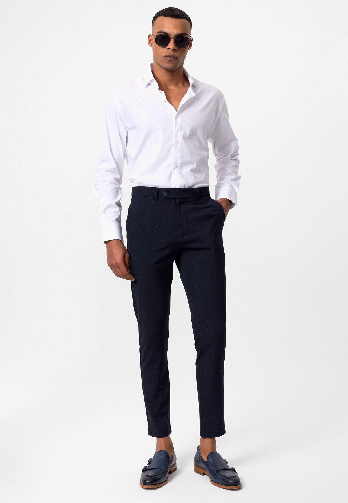 Erkek Slim Fit Düz Aksesuarlı Kumaş Pantolon