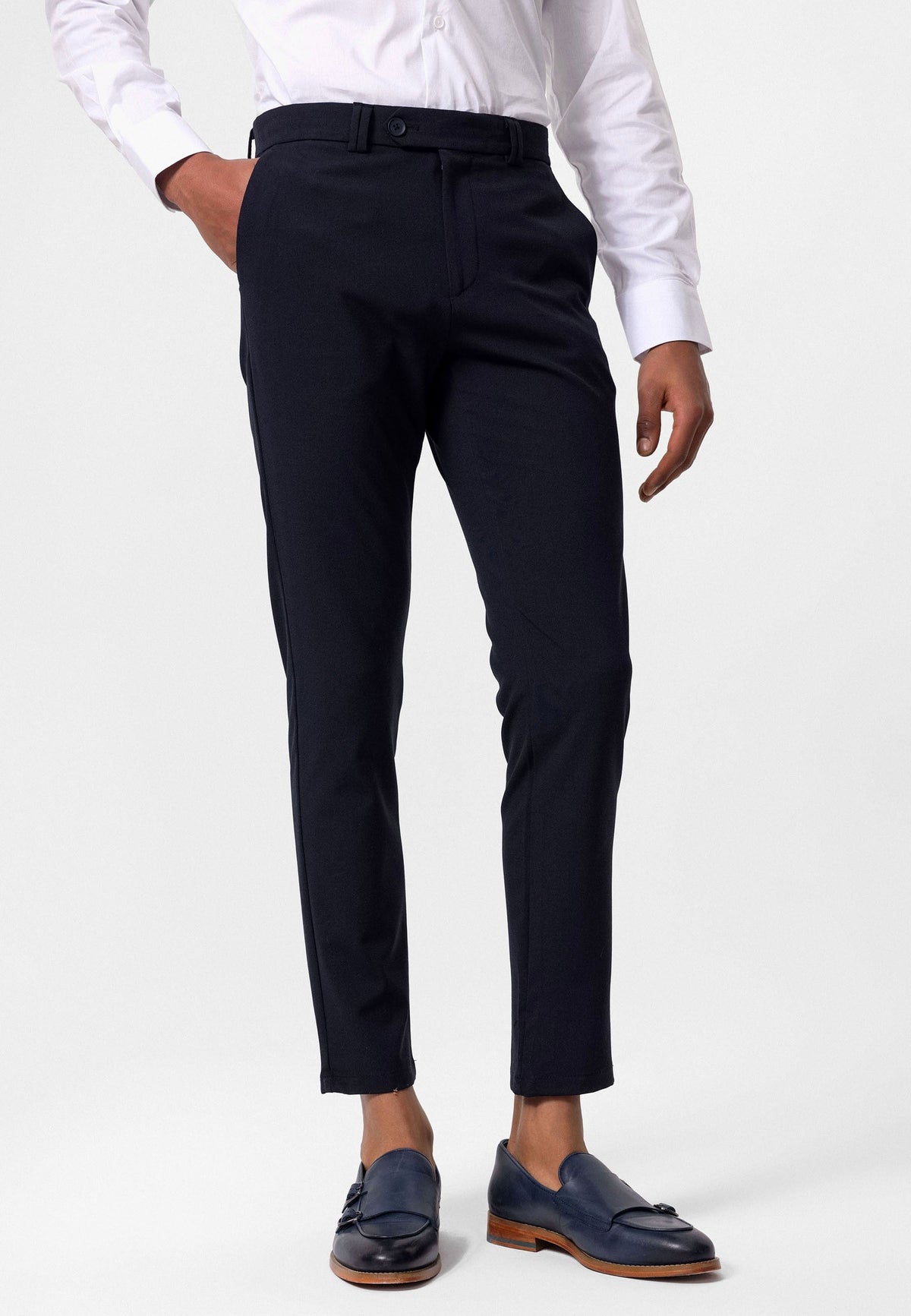 Erkek Slim Fit Düz Aksesuarlı Kumaş Pantolon