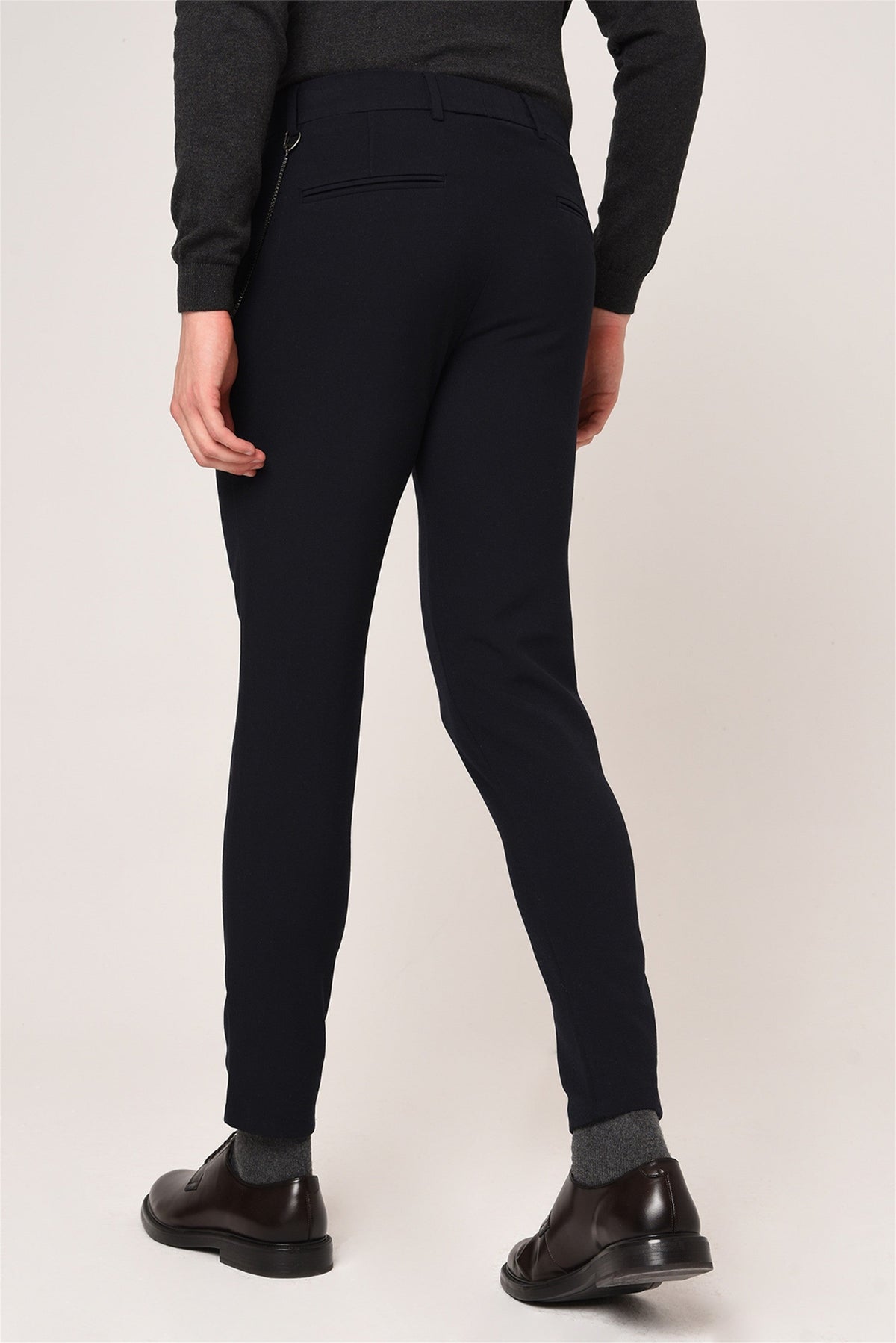 Erkek Slim Fit Düz Aksesuarlı Kumaş Pantolon