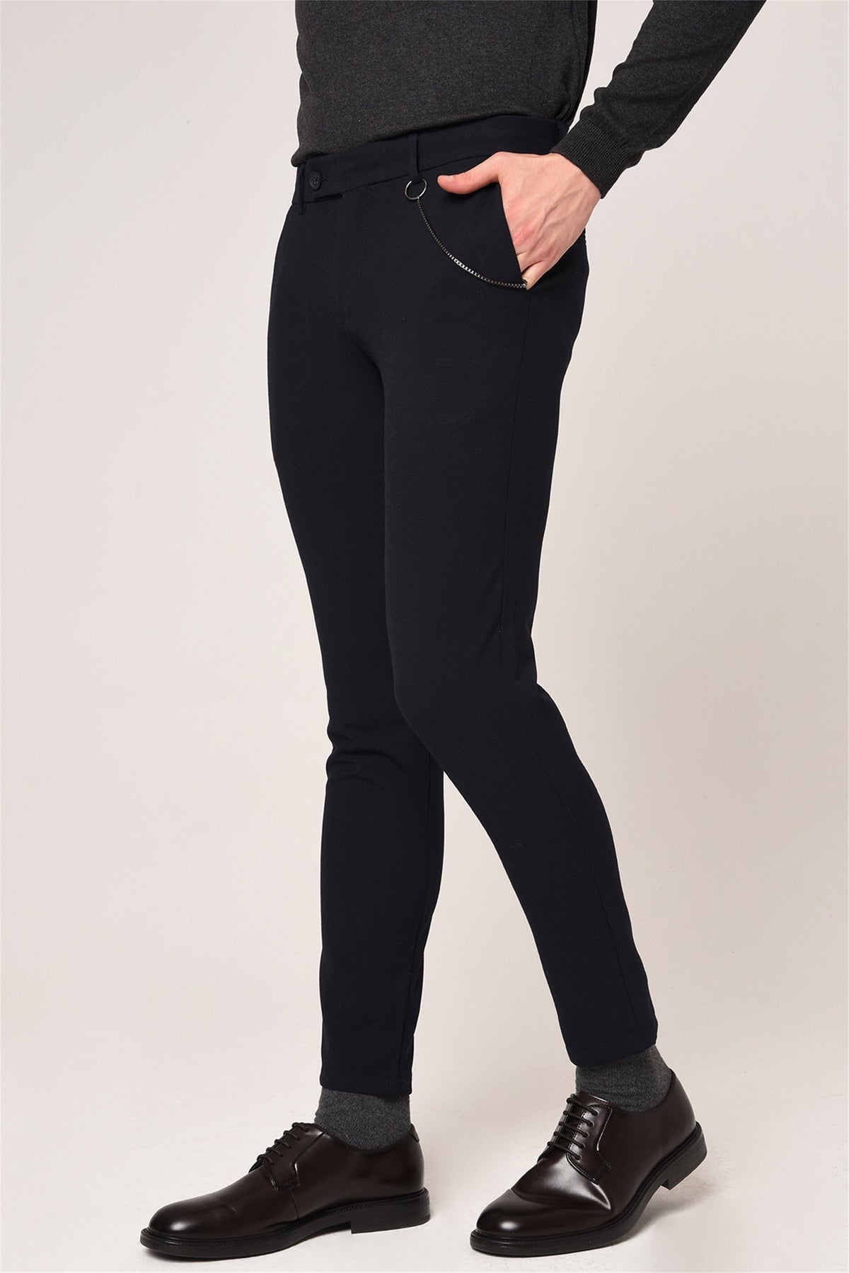 Erkek Slim Fit Düz Aksesuarlı Kumaş Pantolon