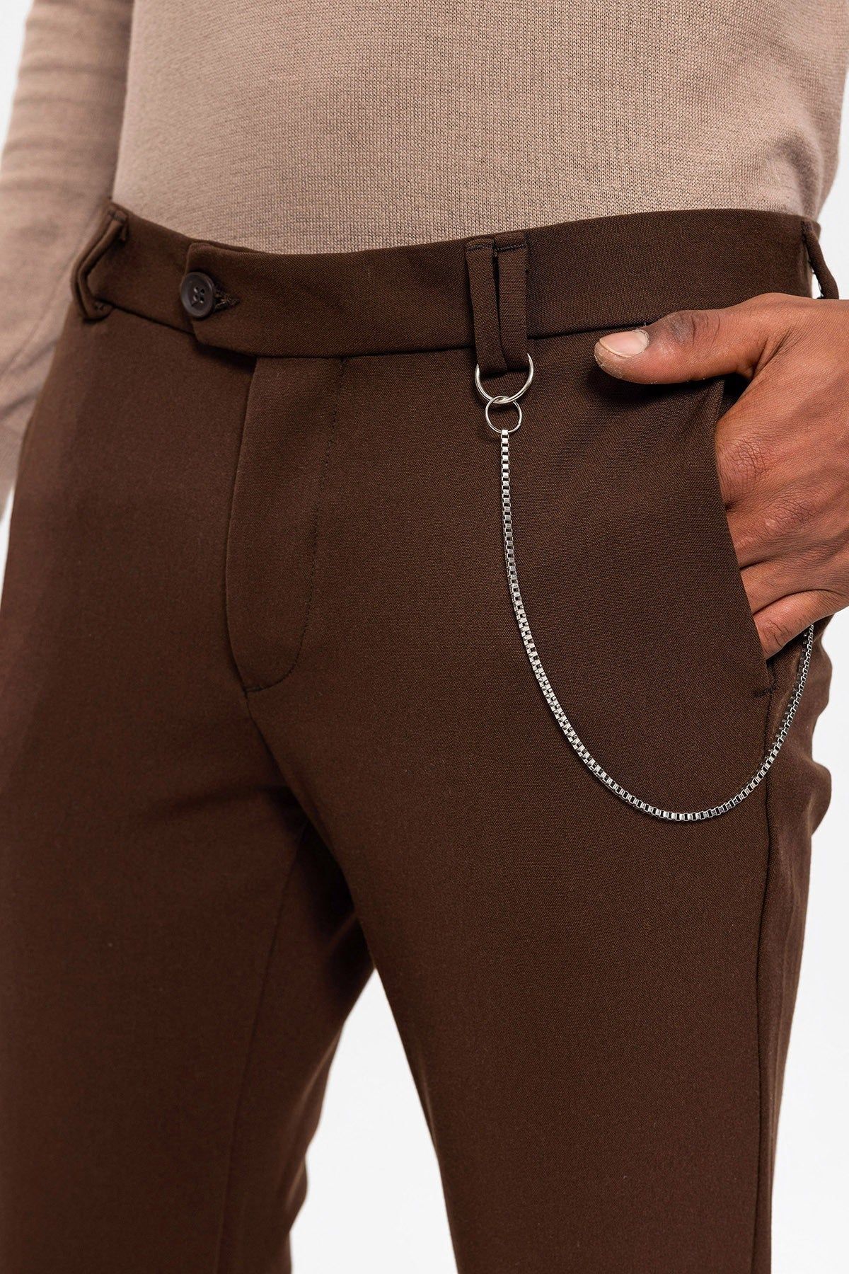 Erkek Slim Fit Düz Aksesuarlı Kumaş Pantolon