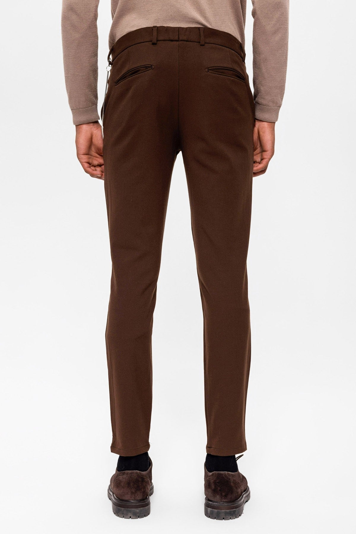Erkek Slim Fit Düz Aksesuarlı Kumaş Pantolon