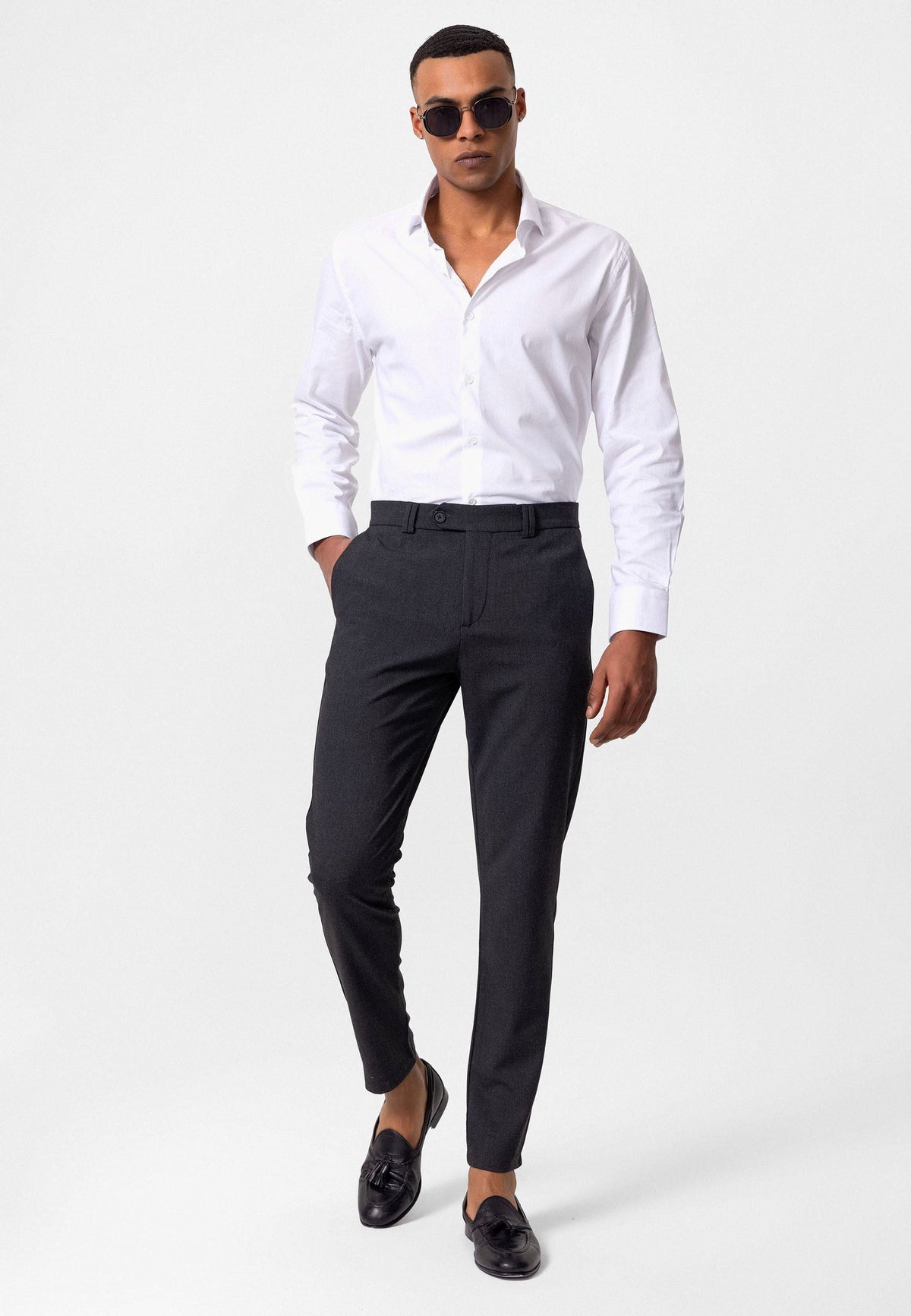 Erkek Slim Fit Düz Aksesuarlı Kumaş Pantolon