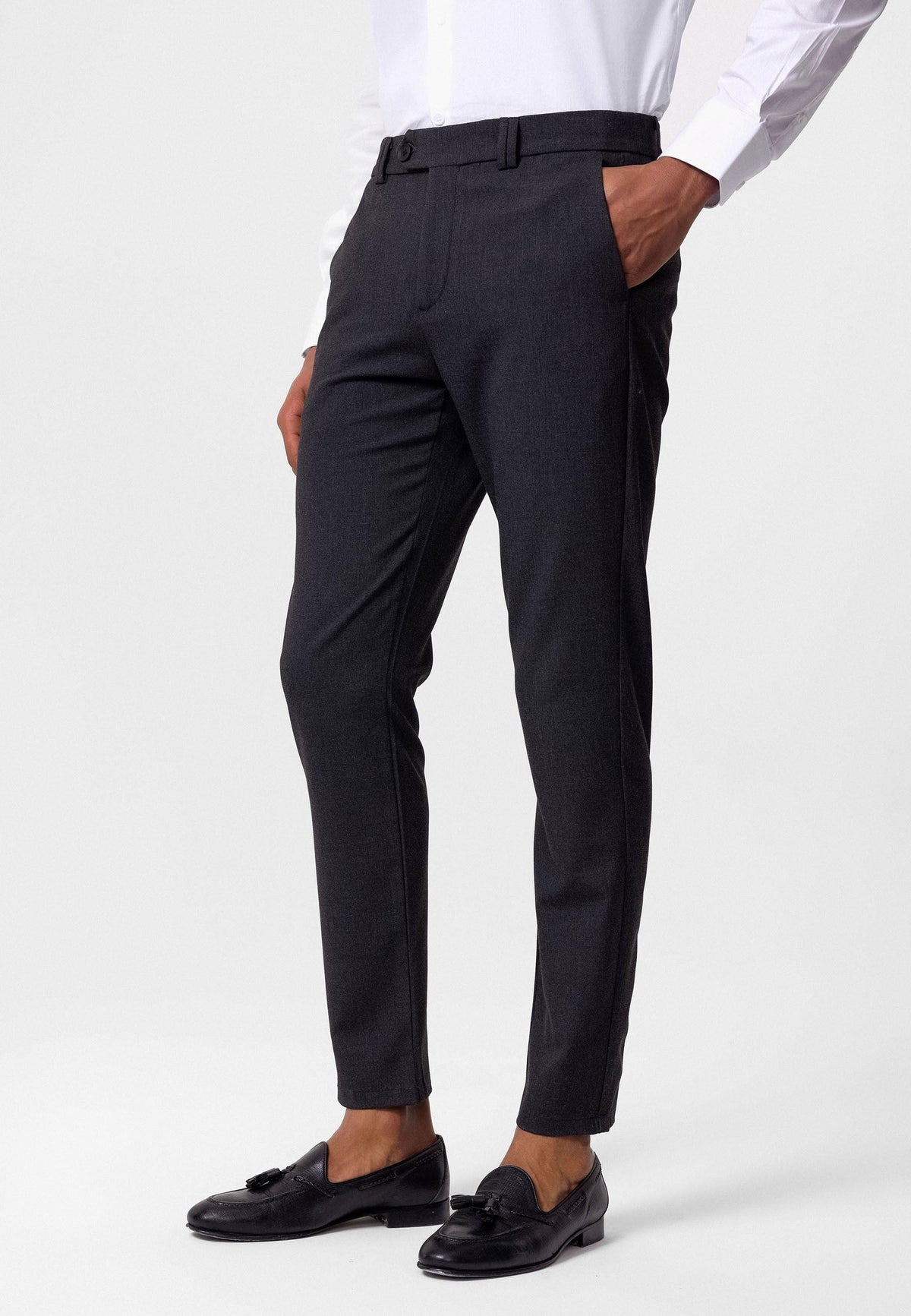 Erkek Slim Fit Düz Aksesuarlı Kumaş Pantolon