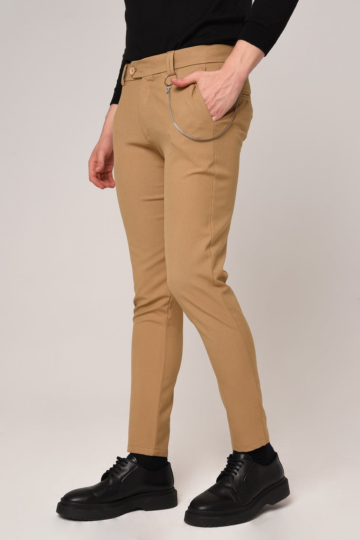 Erkek Slim Fit Düz Aksesuarlı Kumaş Pantolon
