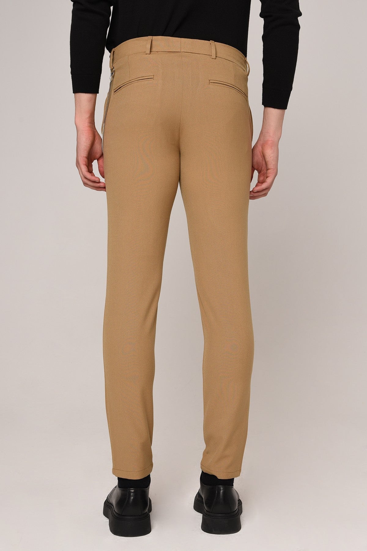 Erkek Slim Fit Düz Aksesuarlı Kumaş Pantolon