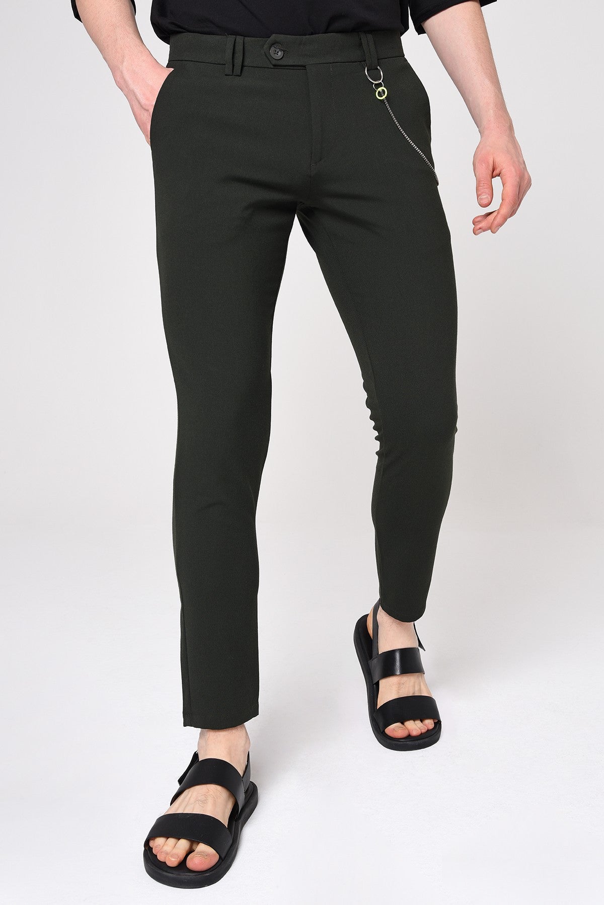 Erkek Slim Fit Düz Aksesuarlı Kumaş Pantolon