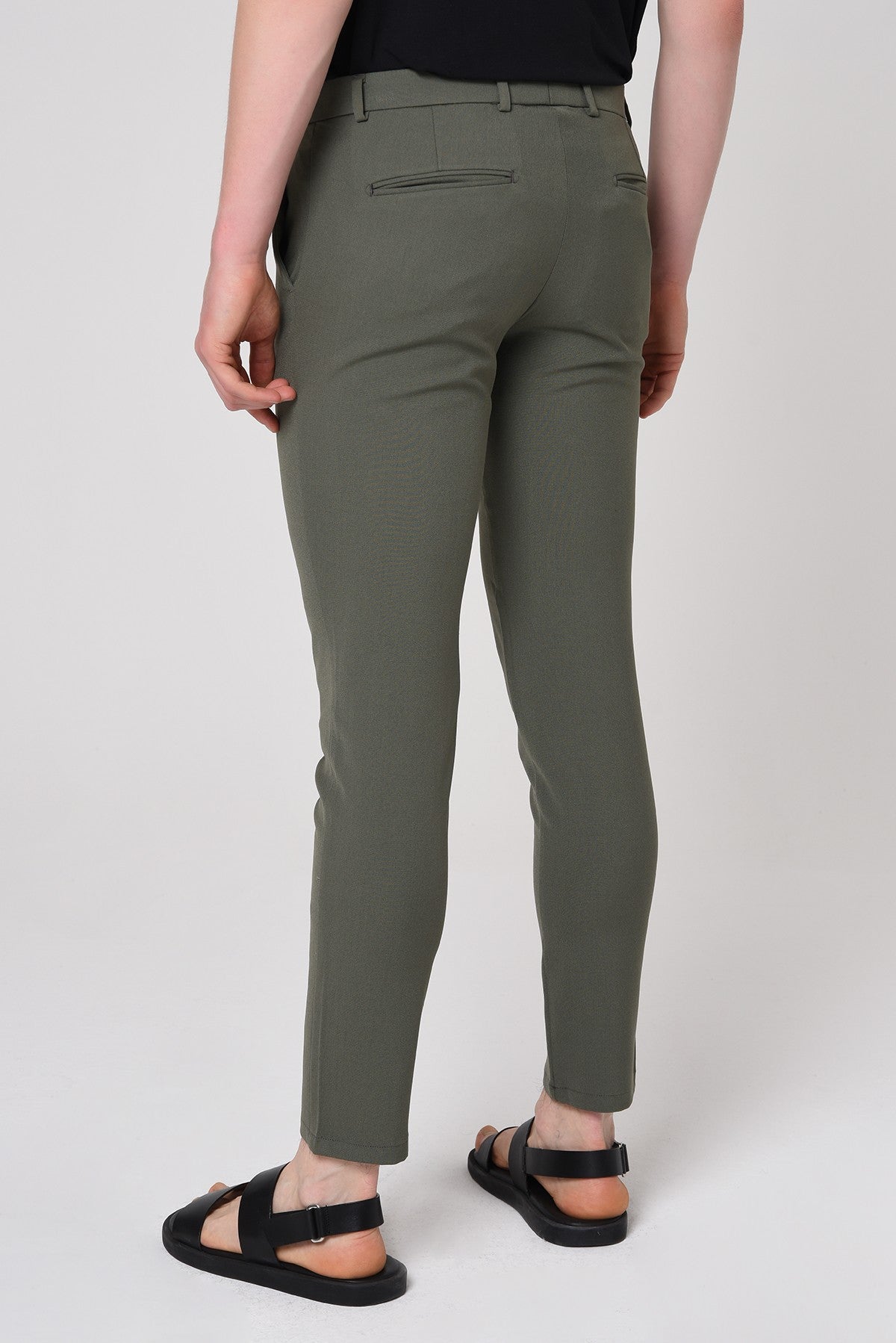 Erkek Slim Fit Düz Aksesuarlı Kumaş Pantolon