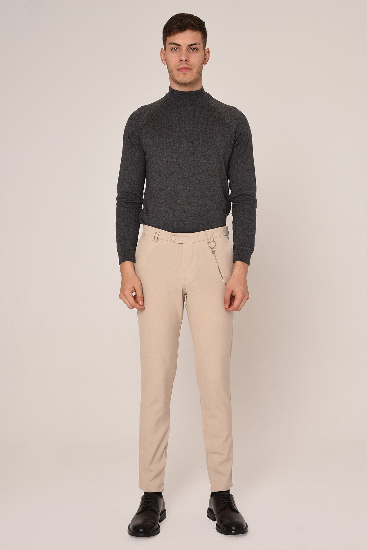Erkek Slim Fit Düz Aksesuarlı Kumaş Pantolon