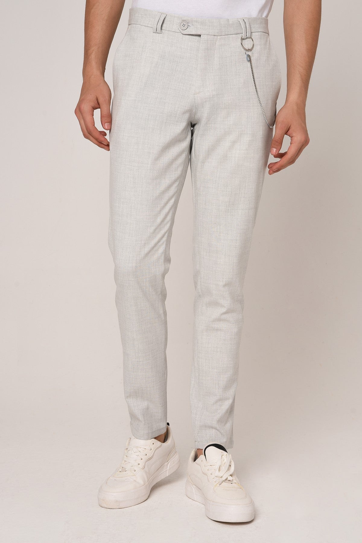 Erkek Slim Fit Düz Aksesuarlı Kumaş Pantolon