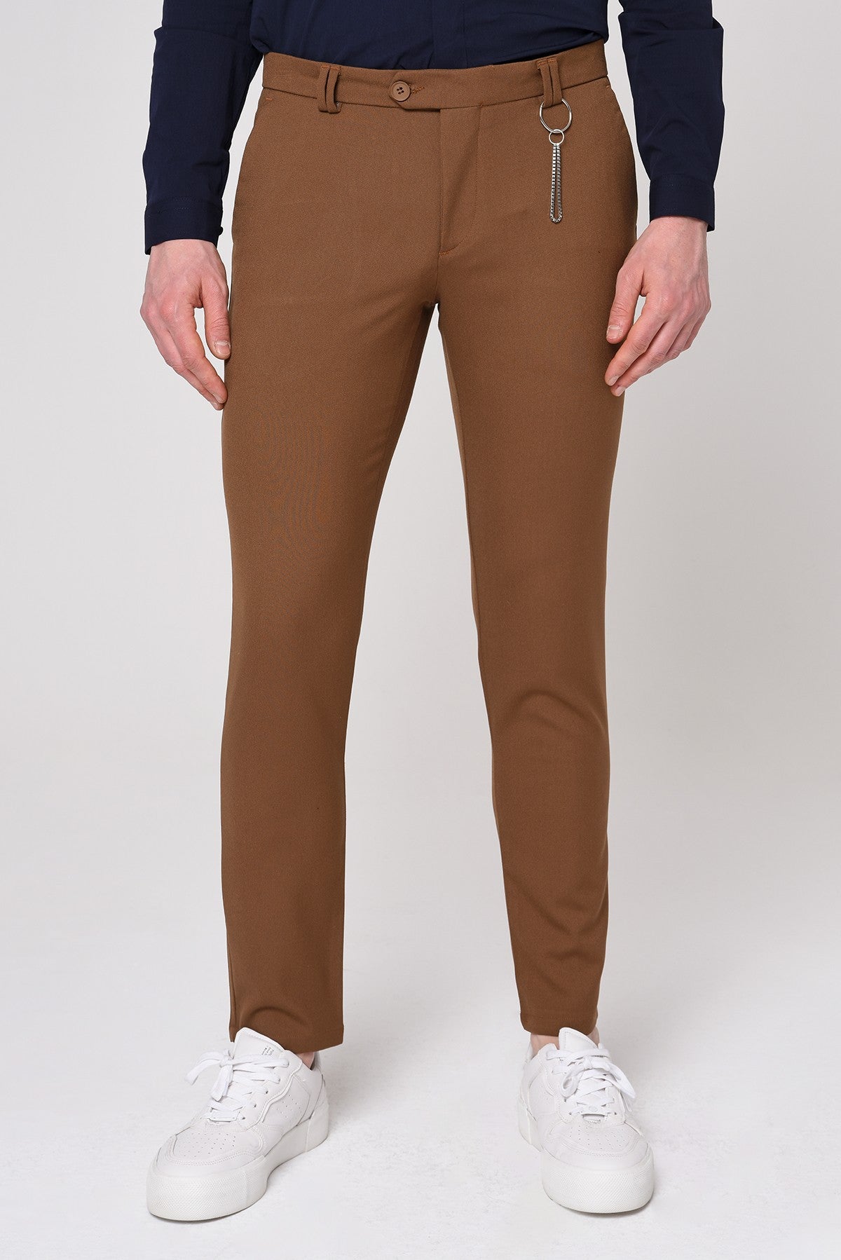 Erkek Slim Fit Düz Aksesuarlı Kumaş Pantolon
